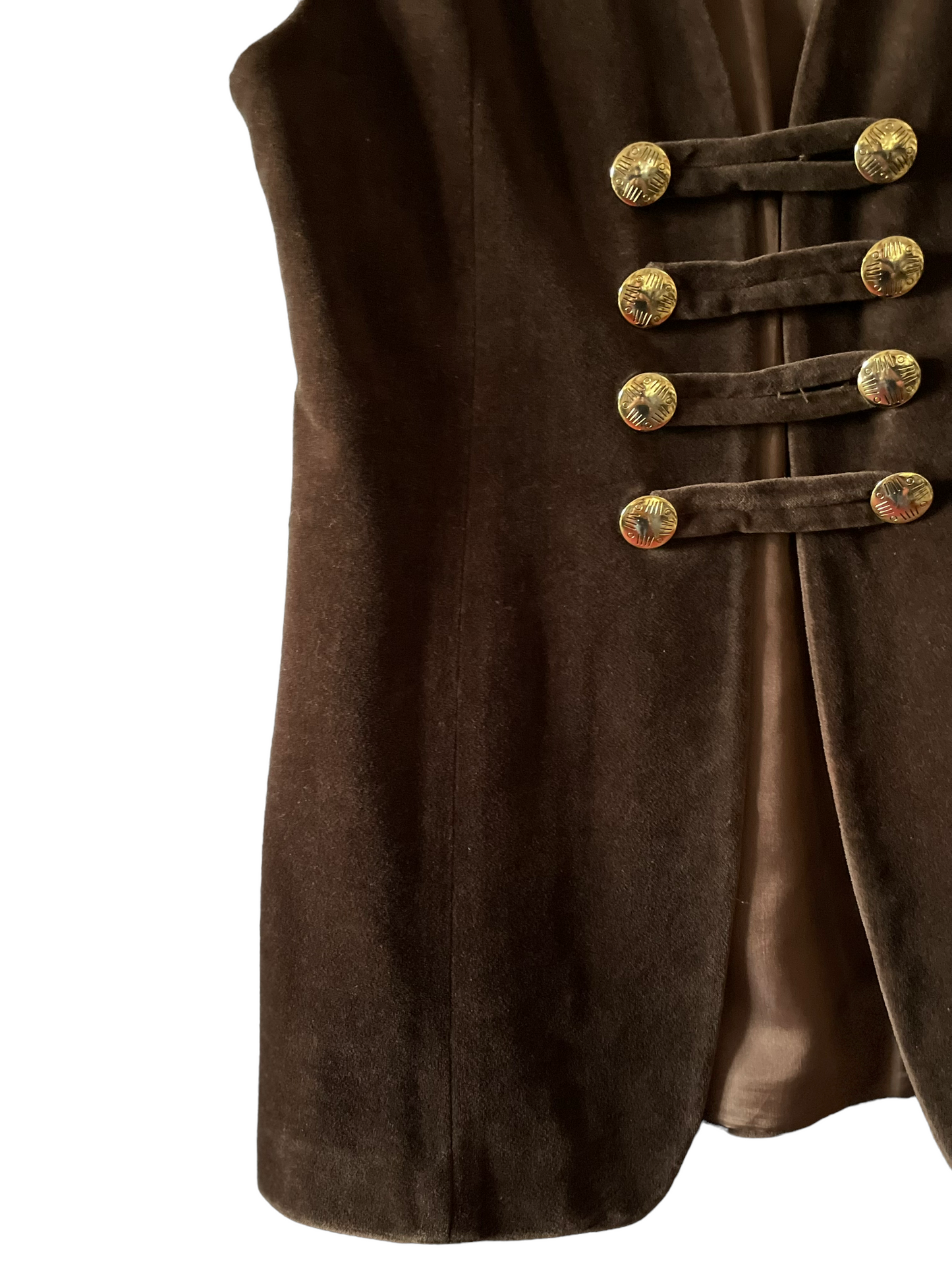 Front lower right side view of Vintage 1960s Brown Velvet Vest | Barn Owl Seattle | Vintage 1960s Velvet Vests