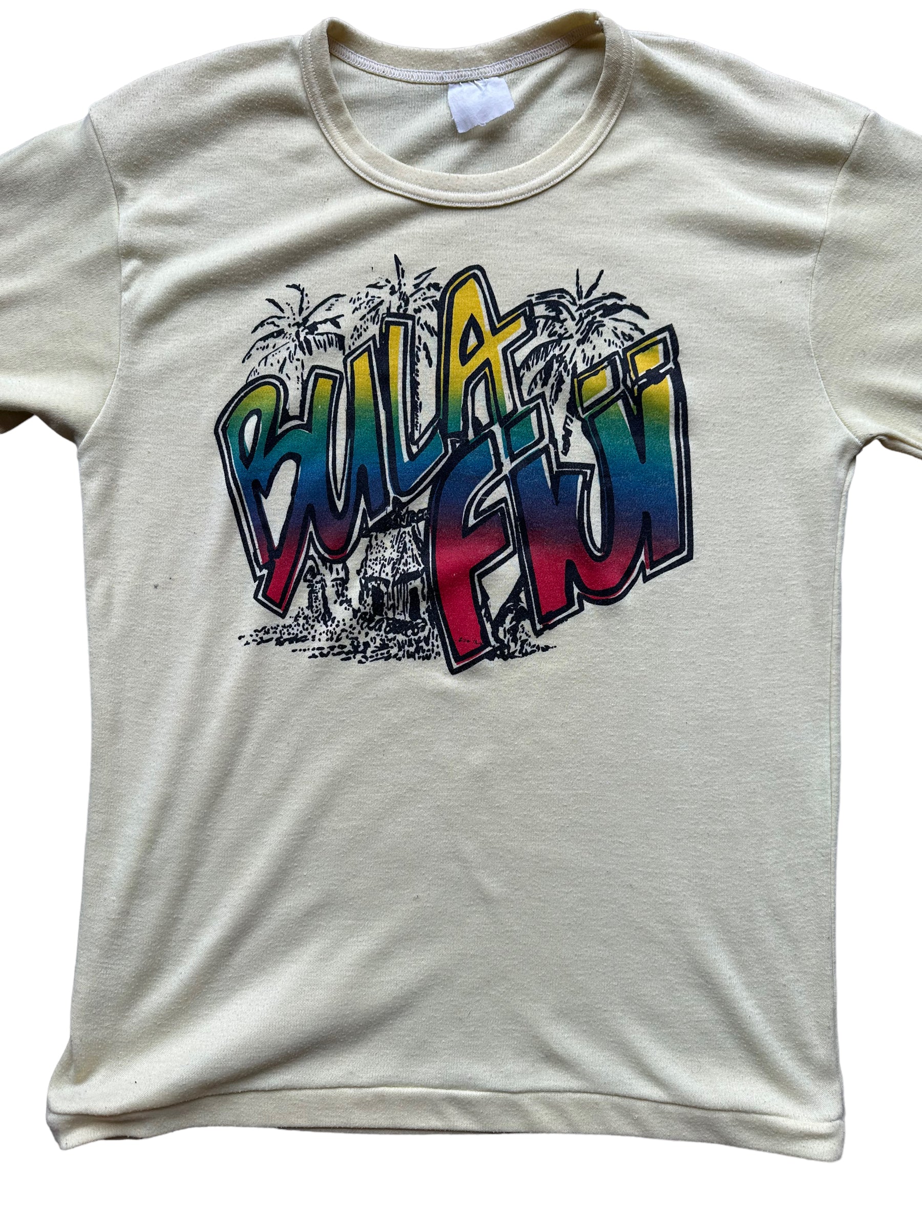 Front Detail of Vintage Bula Fiji Yellow Graphic Tee SZ L | Vintage T-Shirts Seattle | Barn Owl Vintage Tees Seattle