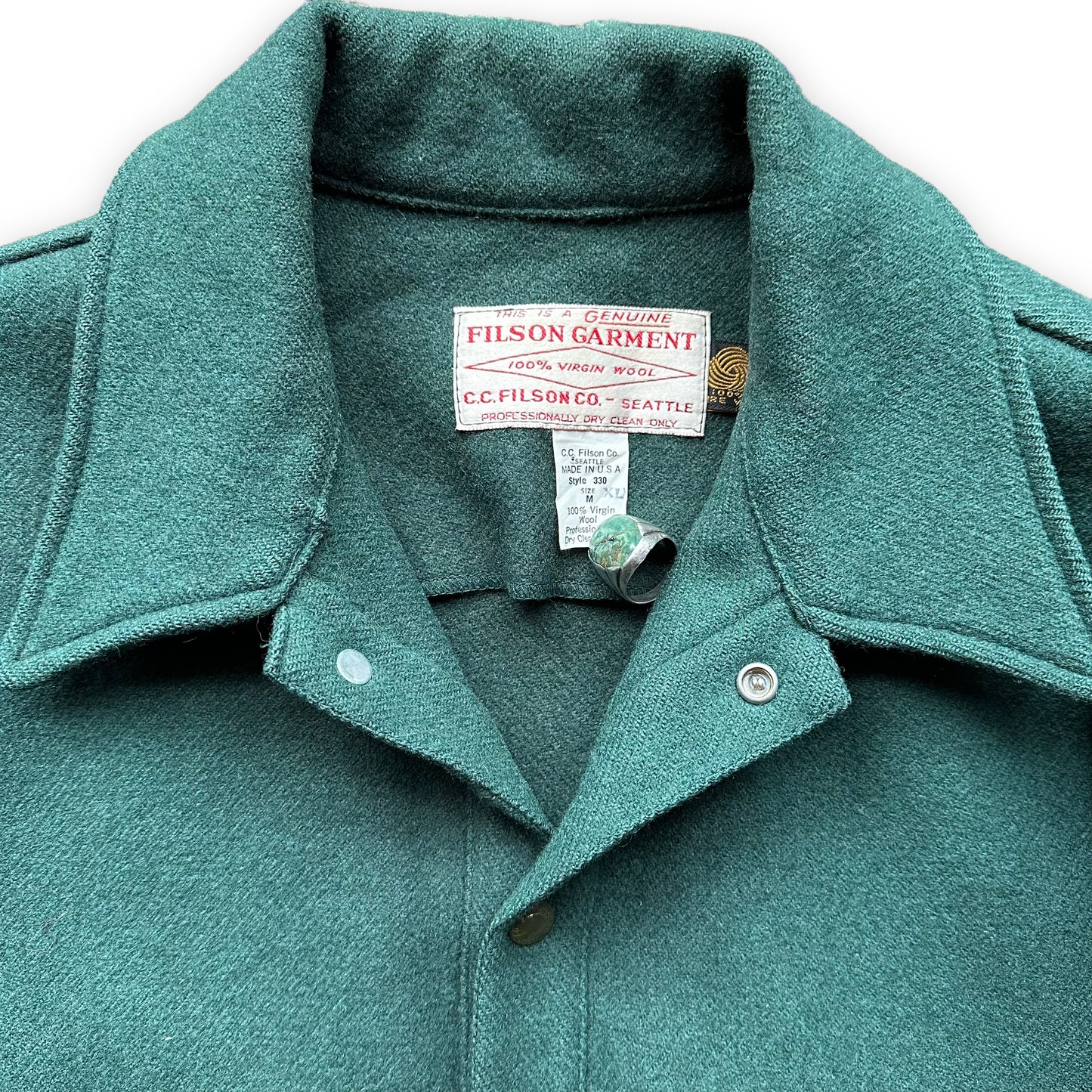 Upper Chest View of Vintage Filson USFS Green Cape Coat SZ M XLong | Vintage Filson Forestry Cape Coat | Vintage Workwear Seattle