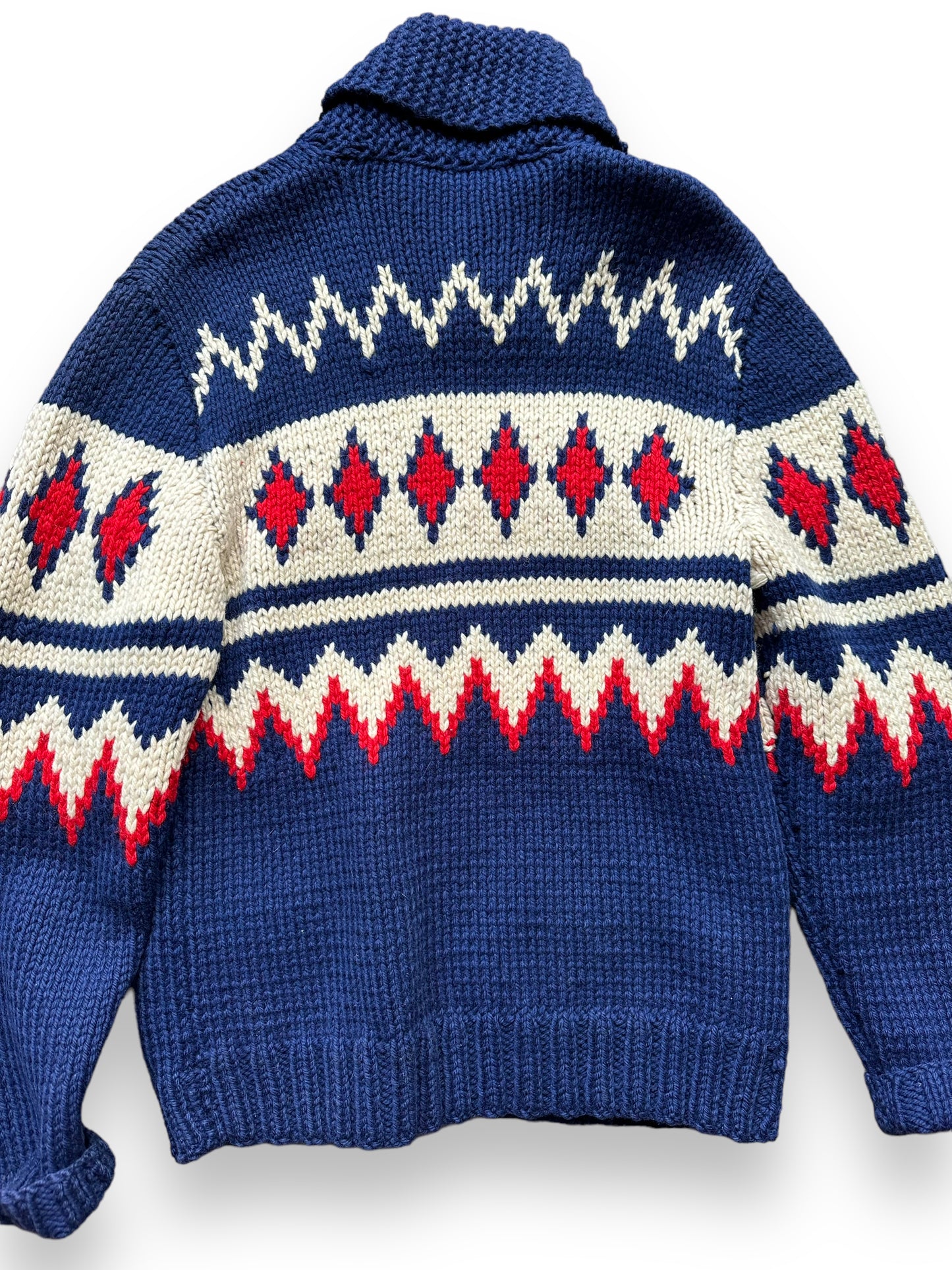 Rear Detail on Vintage Cowichan Style Blue & Red Sweater SZ M | Barn Owl Vintage | Seattle Vintage Sweaters