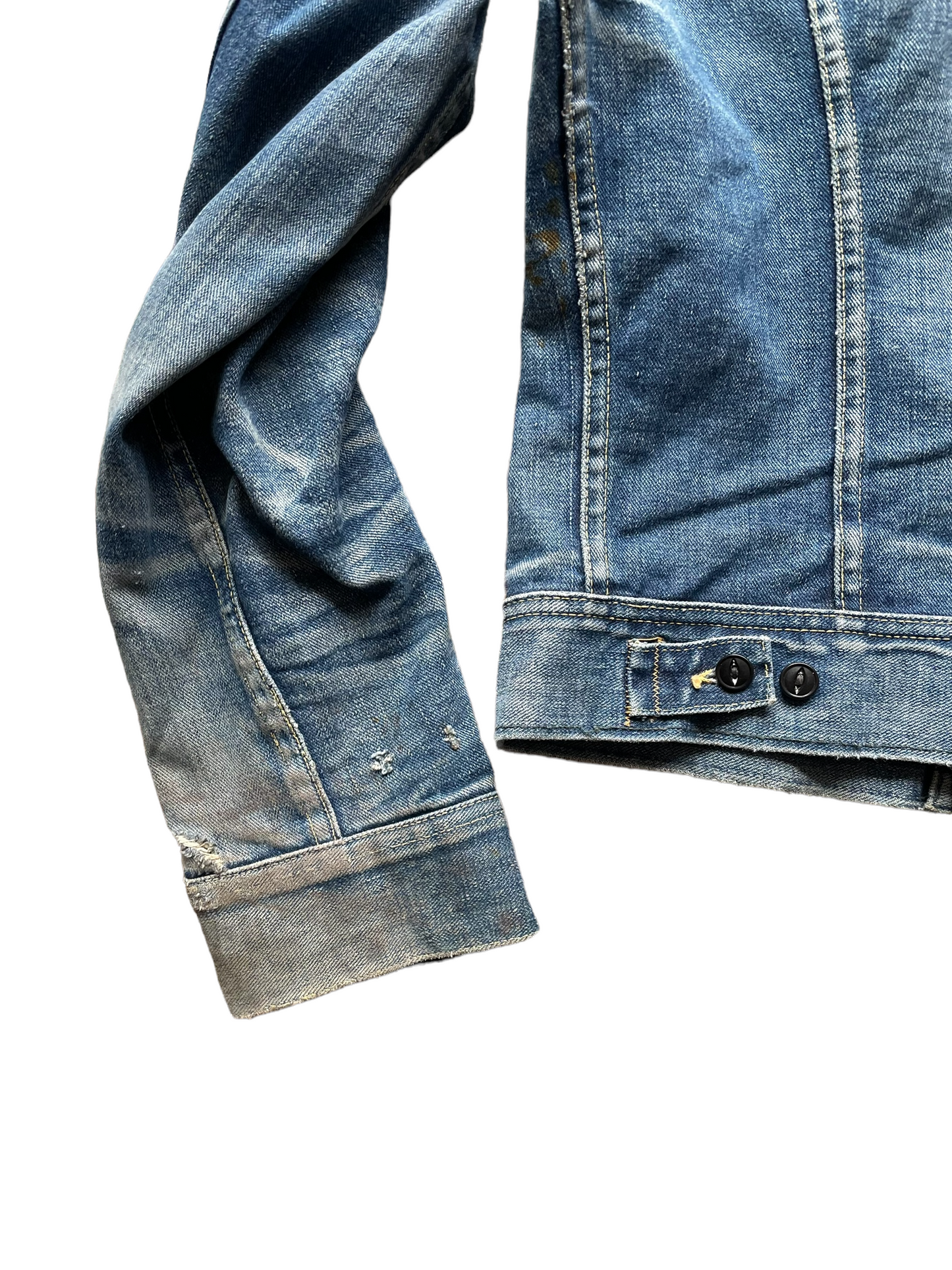 Vintage 70's Lee 101-J Denim Jacket Left lowe back view of buttons and cuff