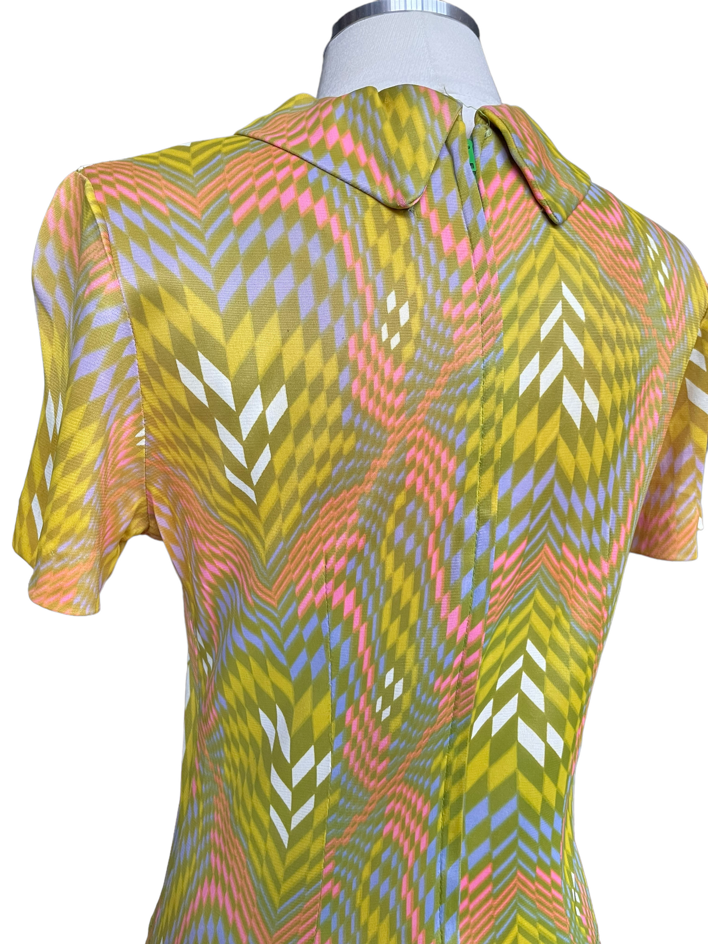 Back left shoulder view of Vintage 1960s Geometric Pattern Dress SZ M | Seattle Vintage Dresses | Barn Owl Vintage