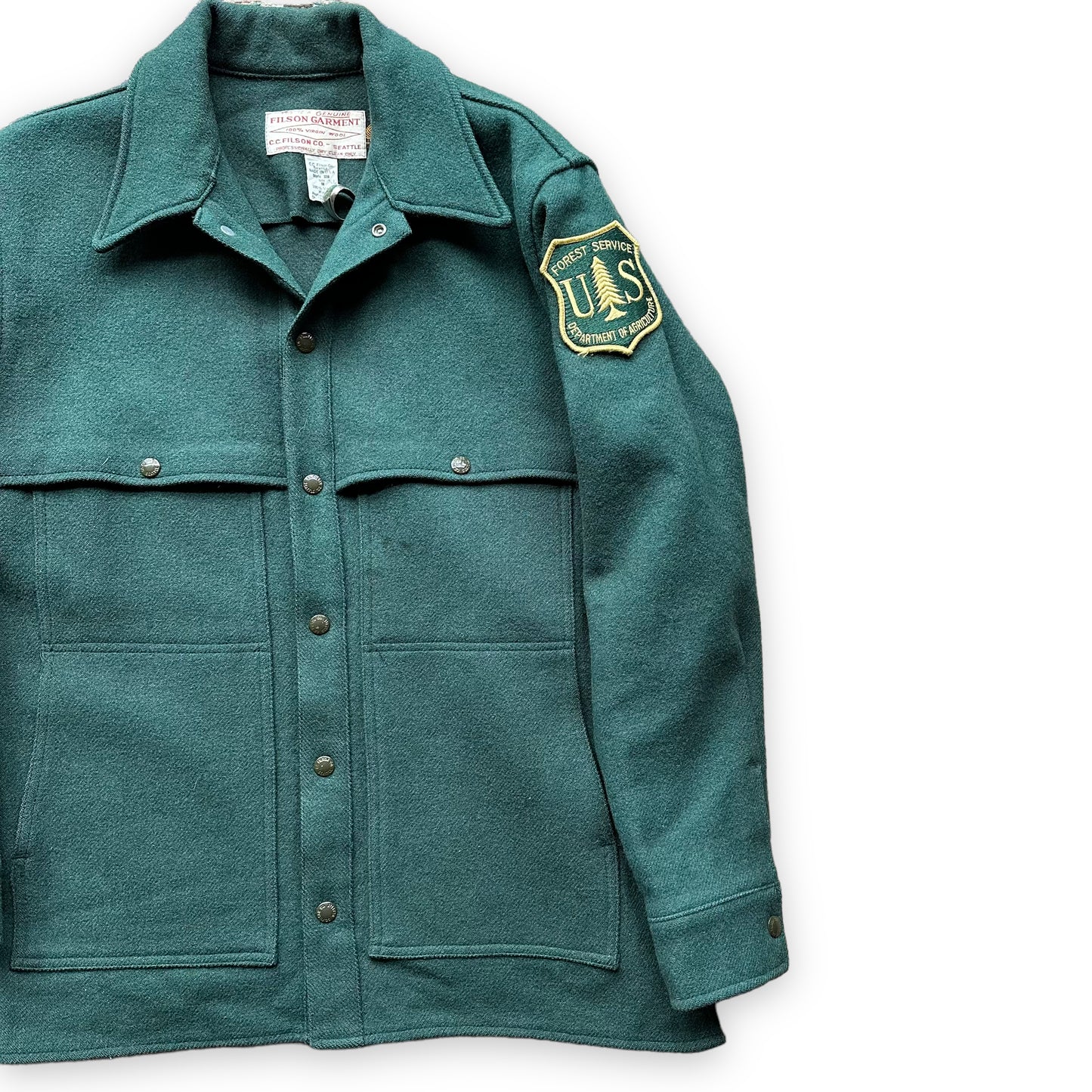 Front Left View of Vintage Filson USFS Green Cape Coat SZ M XLong | Vintage Filson Forestry Cape Coat | Vintage Workwear Seattle