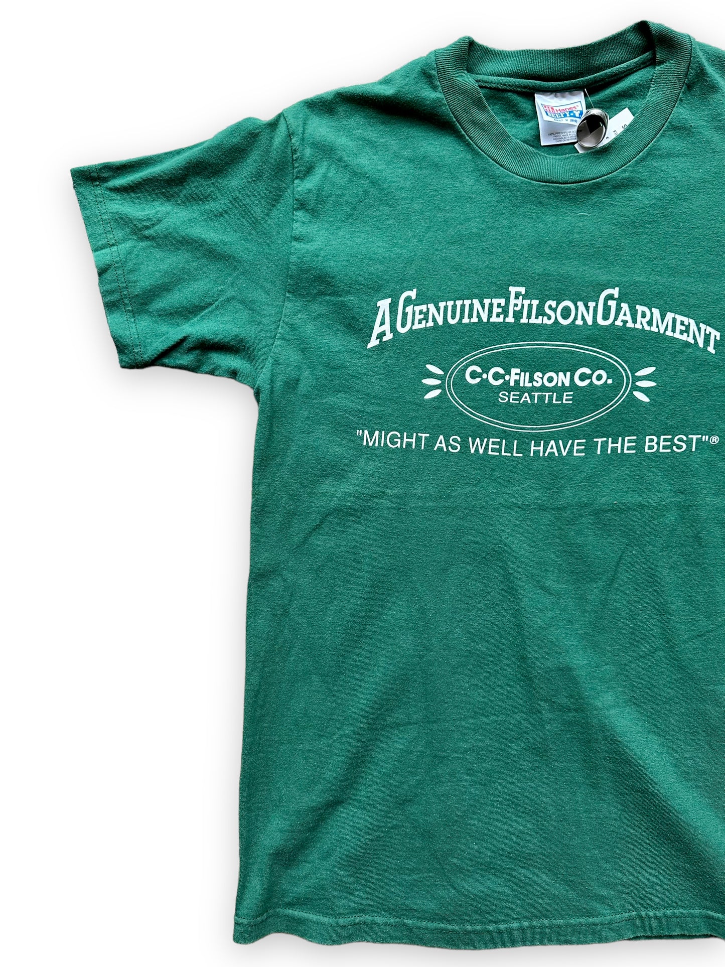 Front Right View on Green Filson Cotton Tee SZ M | Barn Owl Vintage Goods | Vintage Workwear Seattle