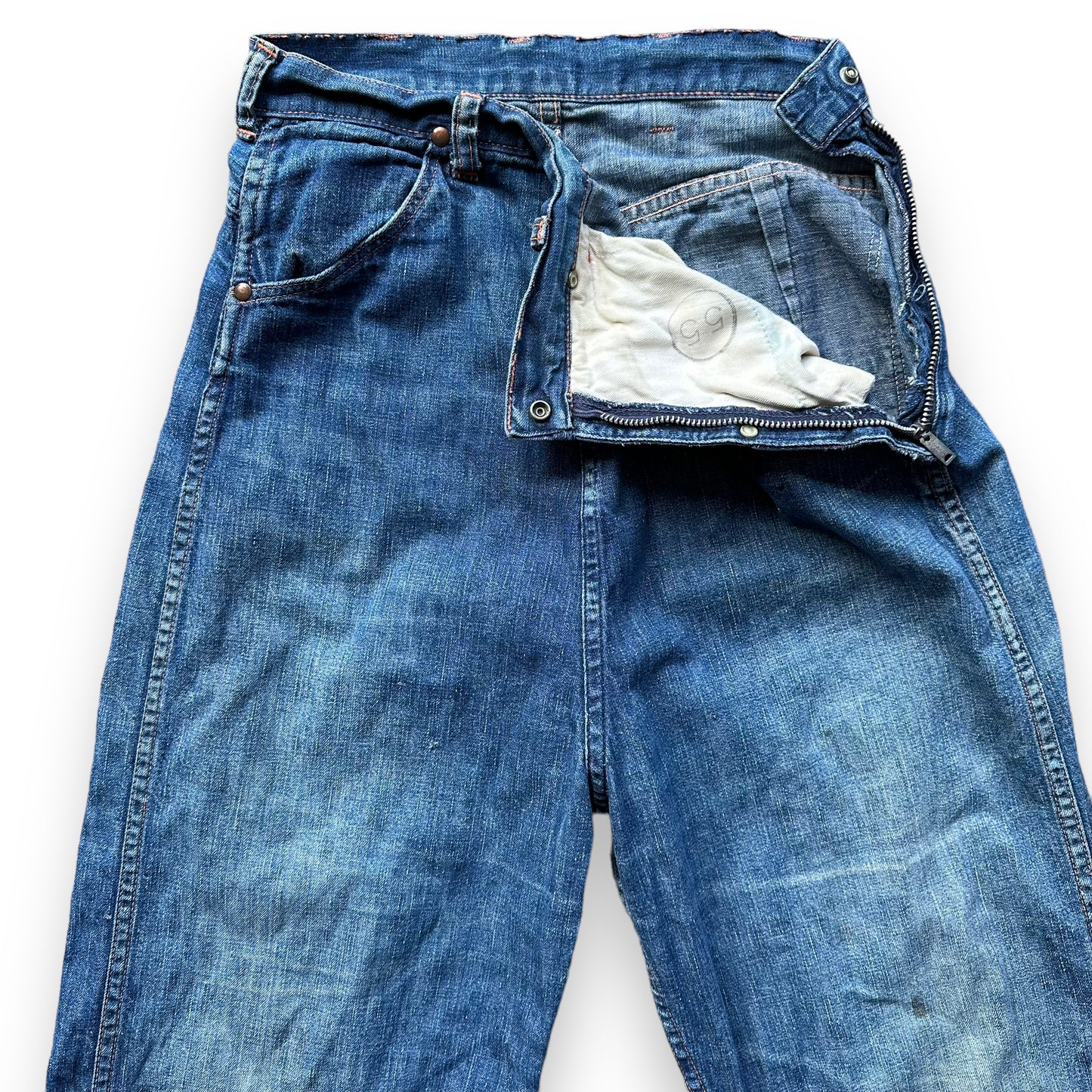 Upper Front View of Vintage Blue Bell Misses Ladies Side Zip Jeans SZ 14 | Barn Owl Vintage Seattle | Vintage Womens Side Zip Denim