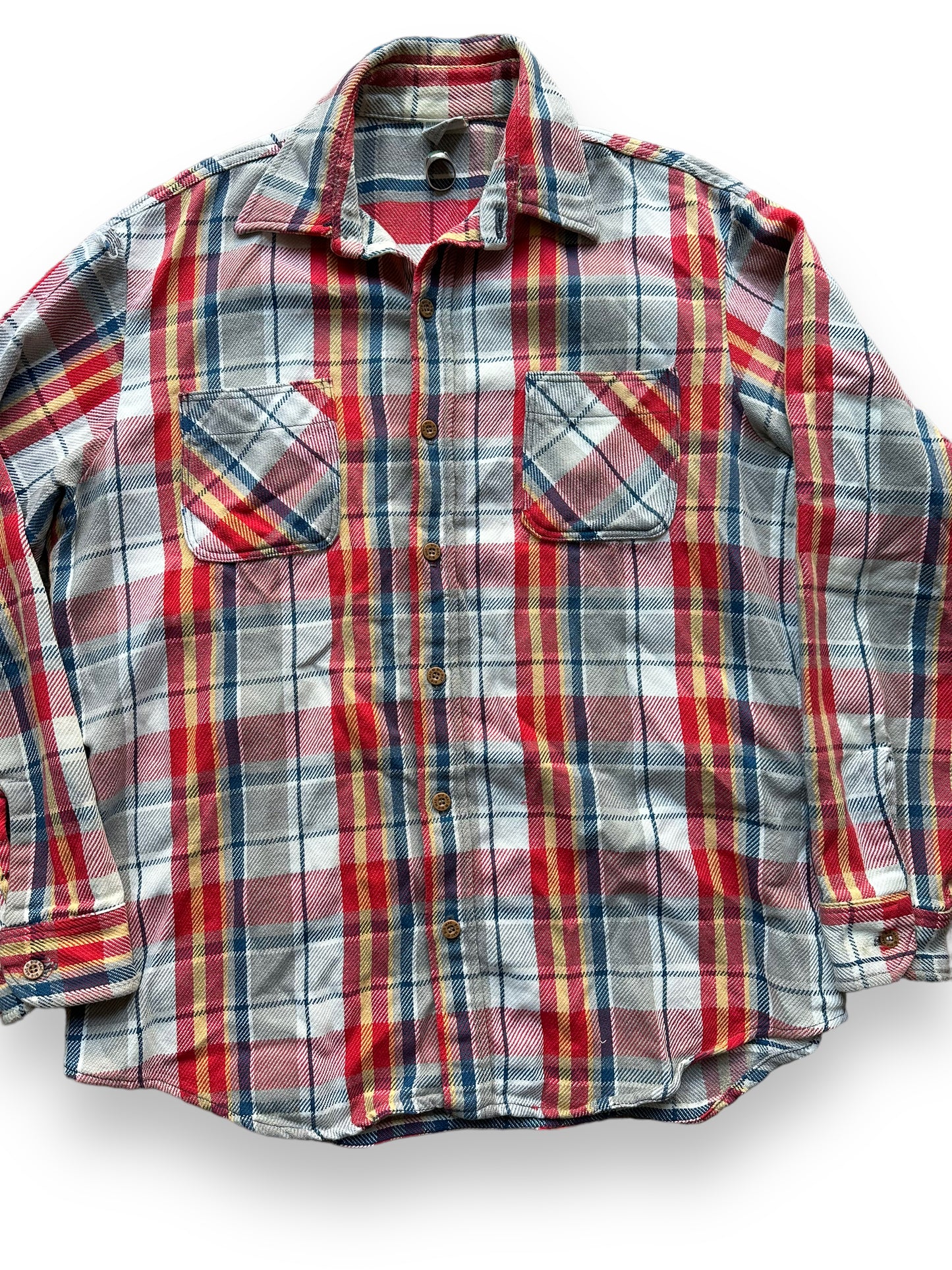 Front Close Up View of Vintage Grey, Red, Yellow & Blue Big Mac Cotton Flannel SZ L Tall | Vintage Cotton Flannel Seattle | Barn Owl Vintage Seattle