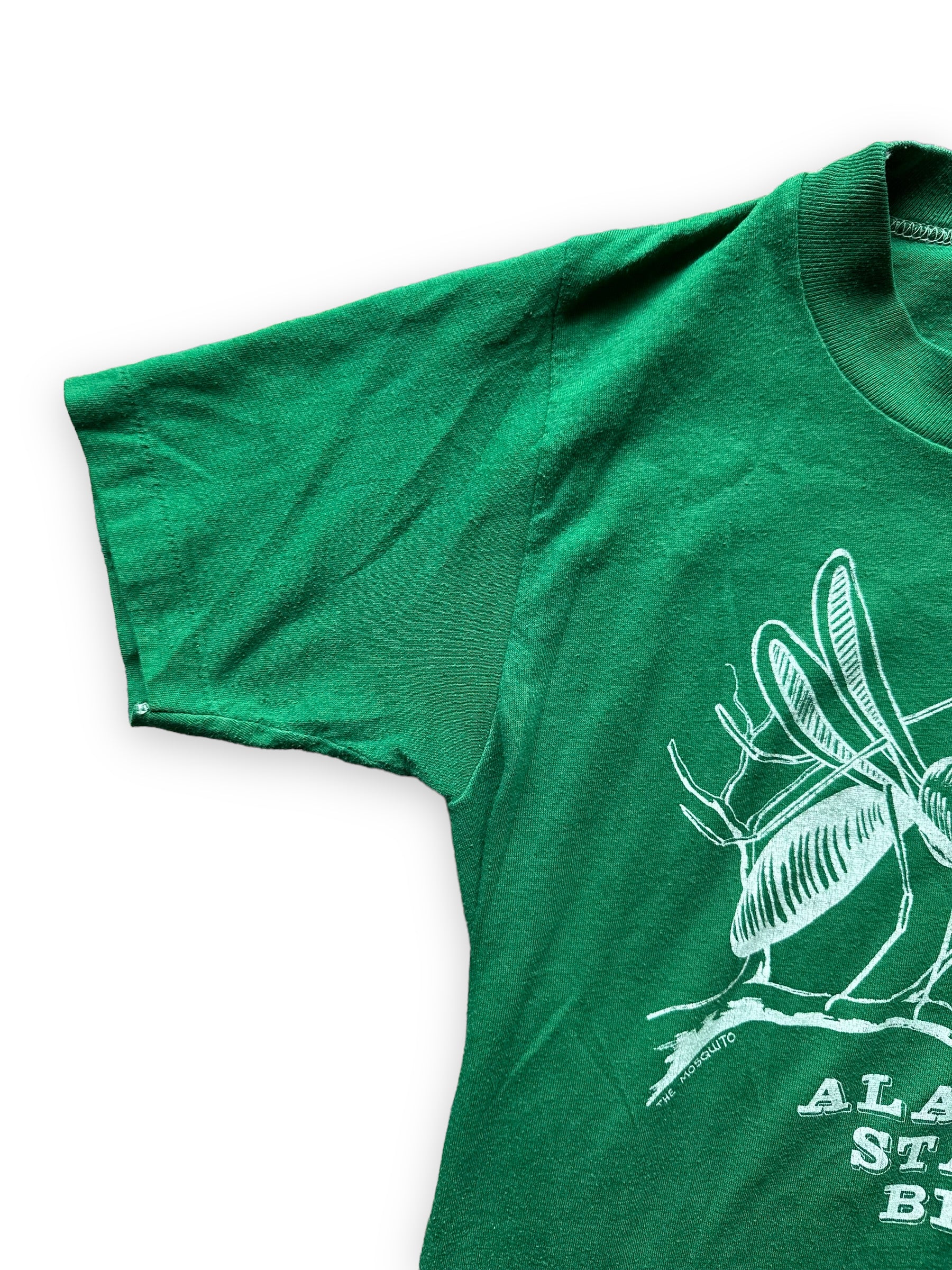 Right Sleeve Single Stitch View of Vintage Alaska State Bird Mosquito Tee SZ SM |  Vintage T Shirt Seattle | Barn Owl Vintage Seattle