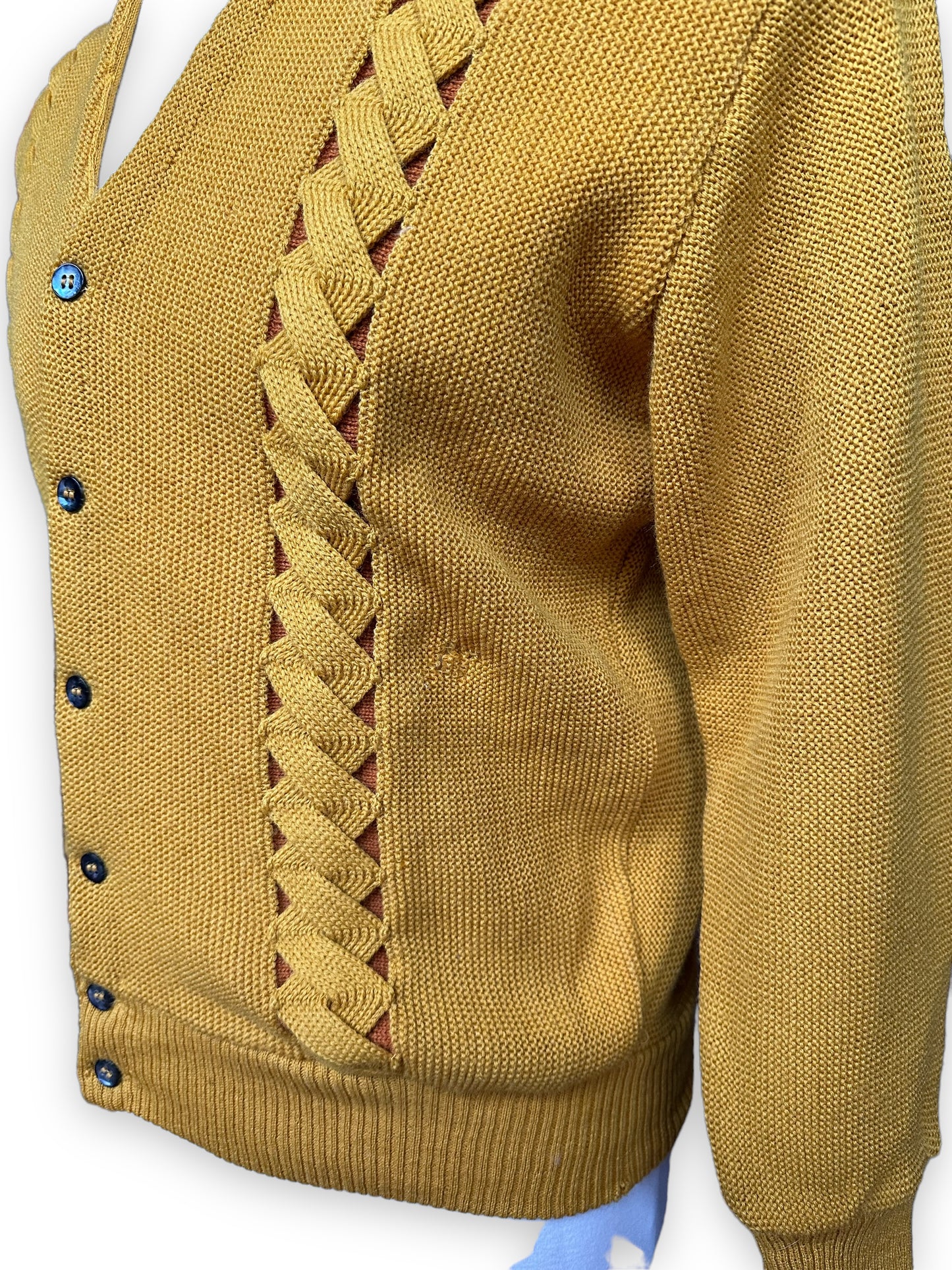Small Wear Hole on Vintage Seattle Knitting Mills Golden Double Helix Wool Sweater SZ M | Vintage Cardigan Sweaters Seattle | Barn Owl Vintage Seattle