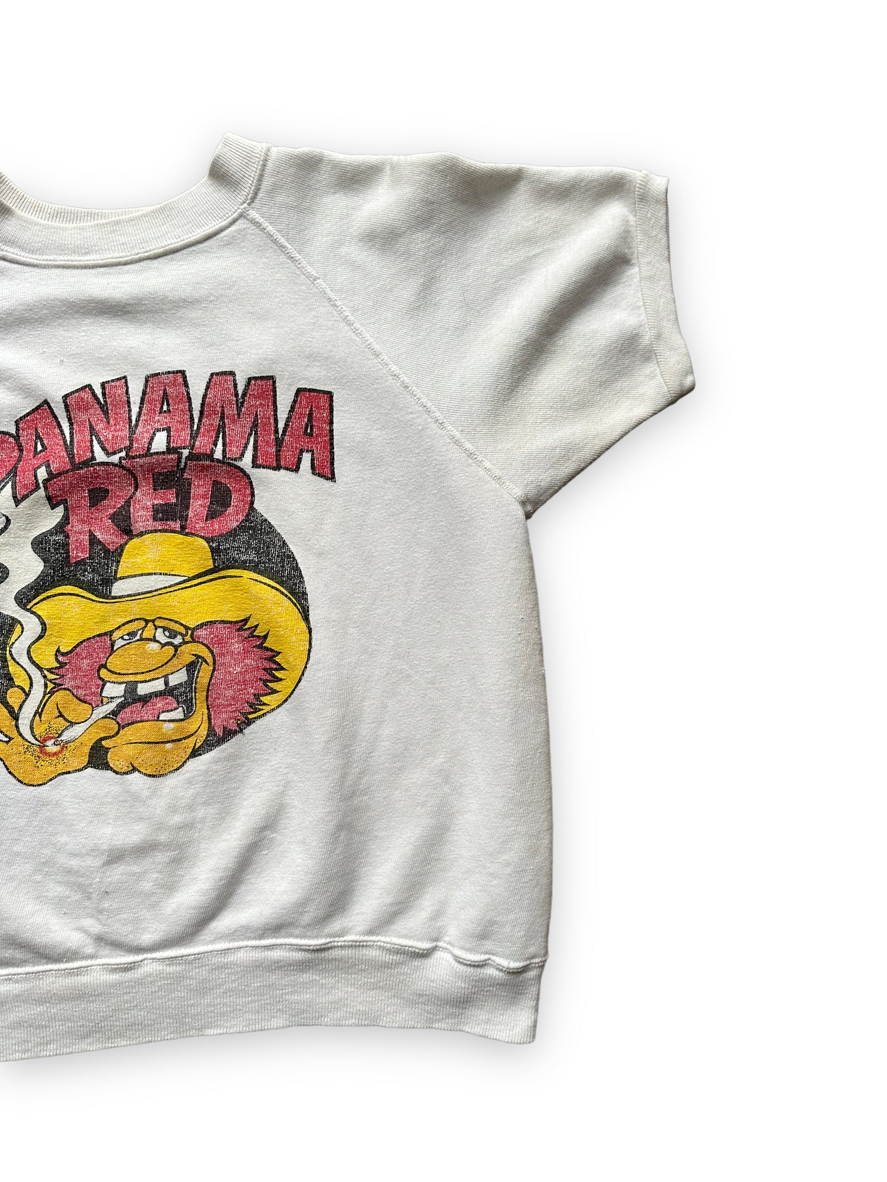 Front Left View on Vintage Panama Red Short Sleeve Crewneck SZ L | Seattle Vintage Panama Red Crewnecks | Barn Owl Vintage