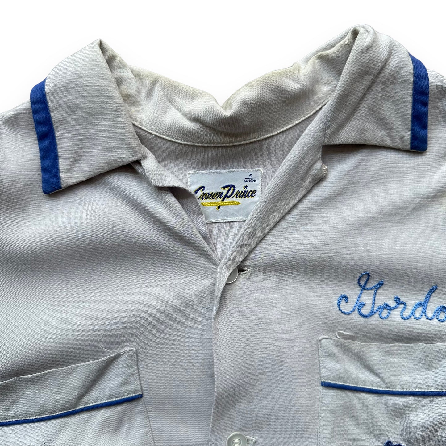 Tag View of Vintage Crown Prince Light Blue Chainstitched Bowling Shirt SZ S | Vintage Bowling Shirt Seattle | Barn Owl Vintage Seattle