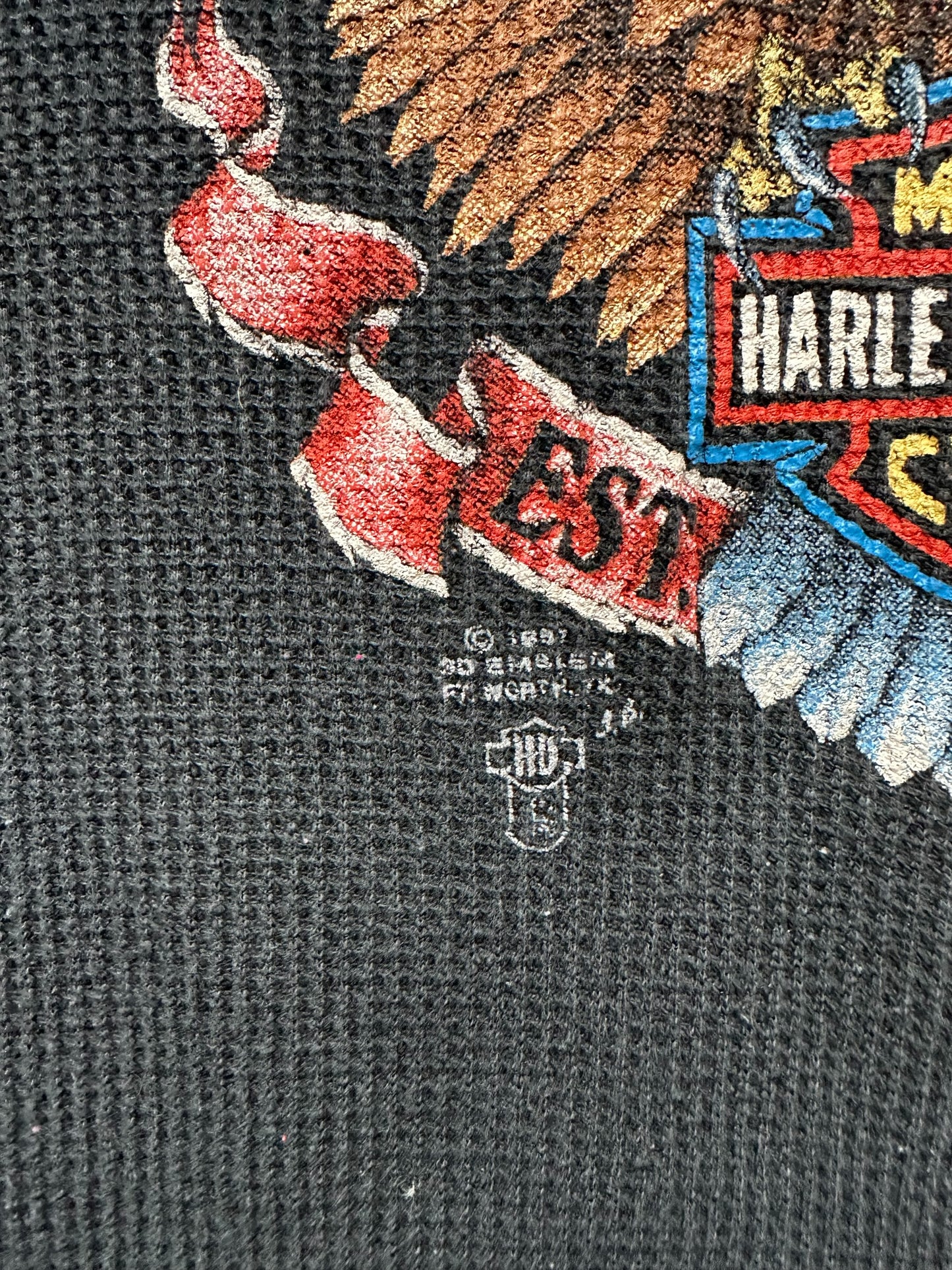 3D Emblem Copyright on Vintage Harley Davidson 3D Emblem Thermal Long Sleeve SZ L | Vintage Harley Tee | Barn Owl Vintage Seattle
