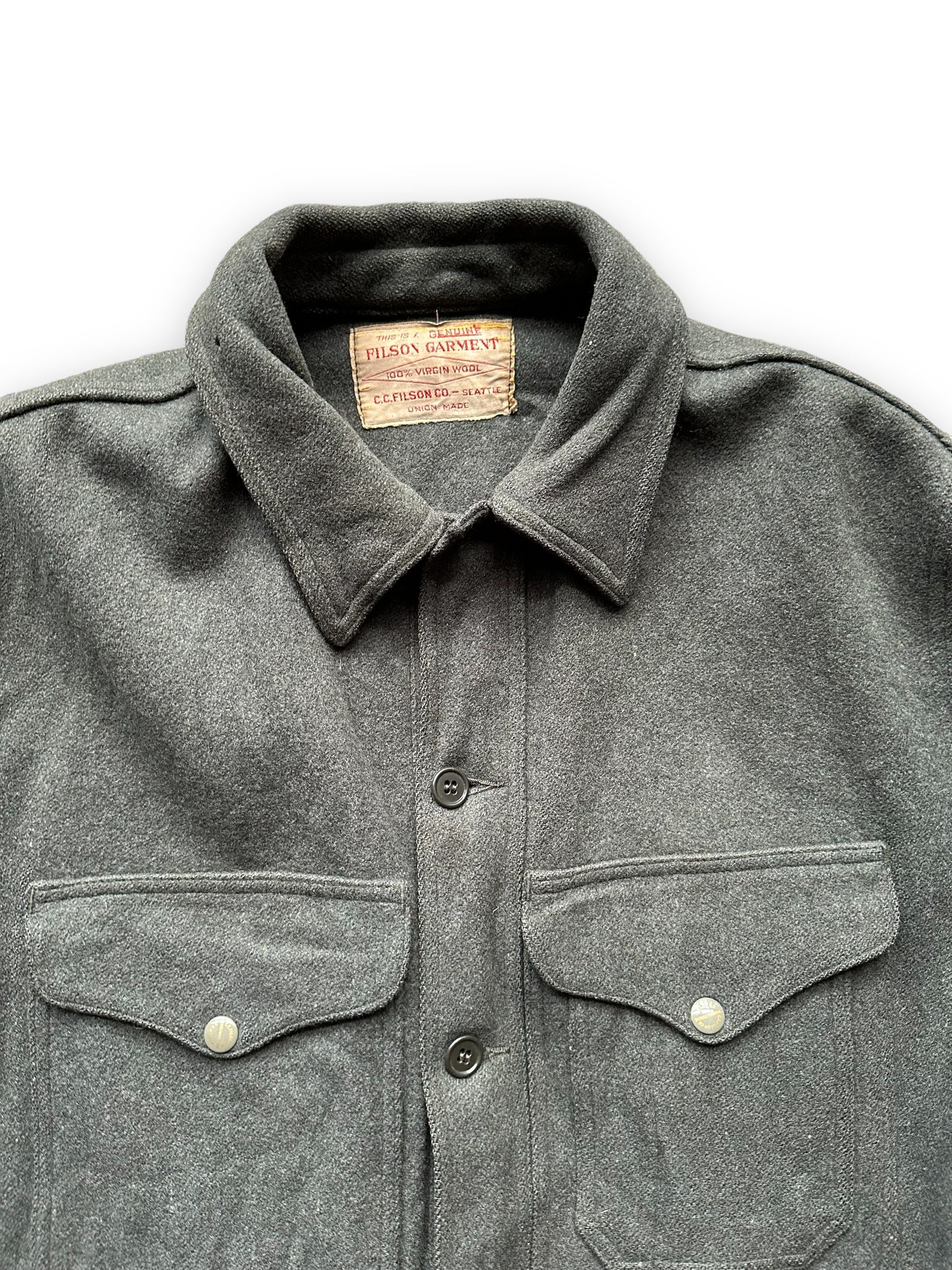 Upper Chest View of Vintage Filson Union Made Era Forest Green Mackinaw Cruiser SZ 46 | Barn Owl Vintage Goods | Vintage Workwear Seattle