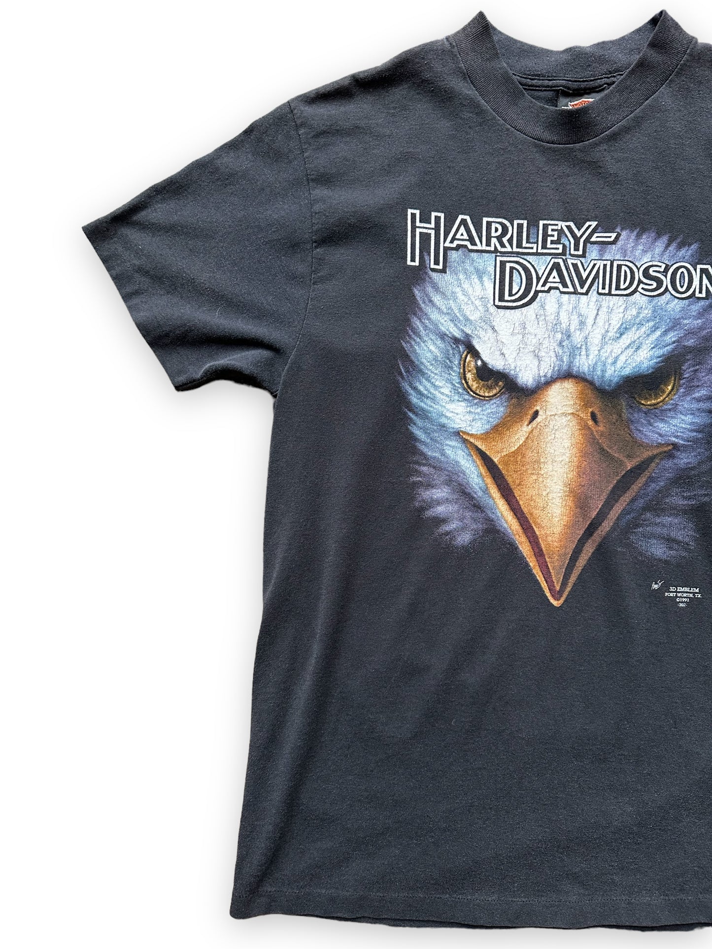 Front Right Side View of Vintage 1991 3D Emblem Harley Davidson Eagle Tee SZ L | Vintage Single Stitch Harley Tee | Barn Owl Vintage Seattle