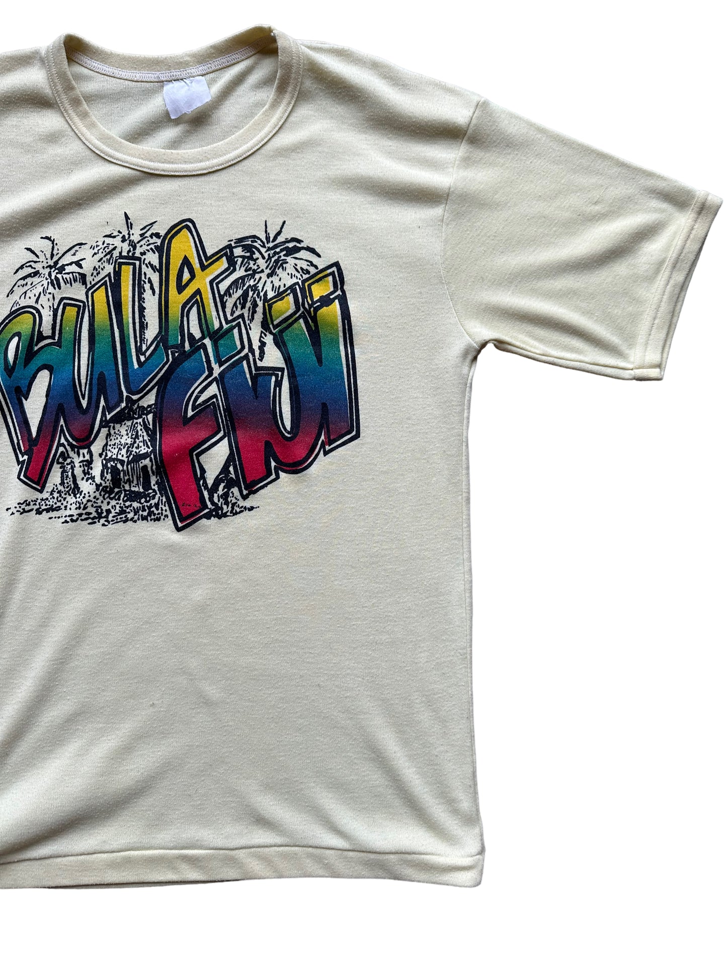 Front Left View of Vintage Bula Fiji Yellow Graphic Tee SZ L | Vintage T-Shirts Seattle | Barn Owl Vintage Tees Seattle
