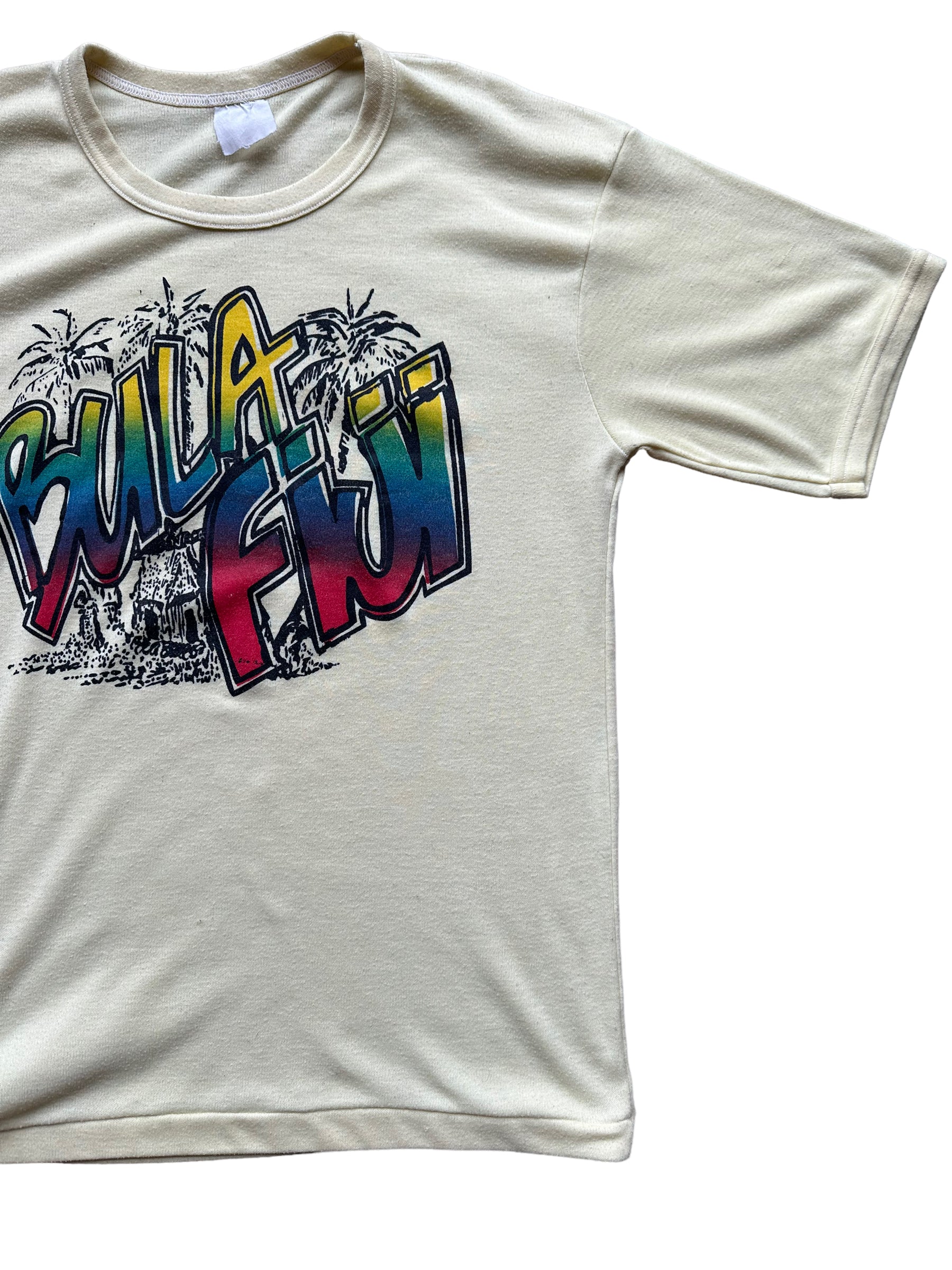 Front Left View of Vintage Bula Fiji Yellow Graphic Tee SZ L | Vintage T-Shirts Seattle | Barn Owl Vintage Tees Seattle