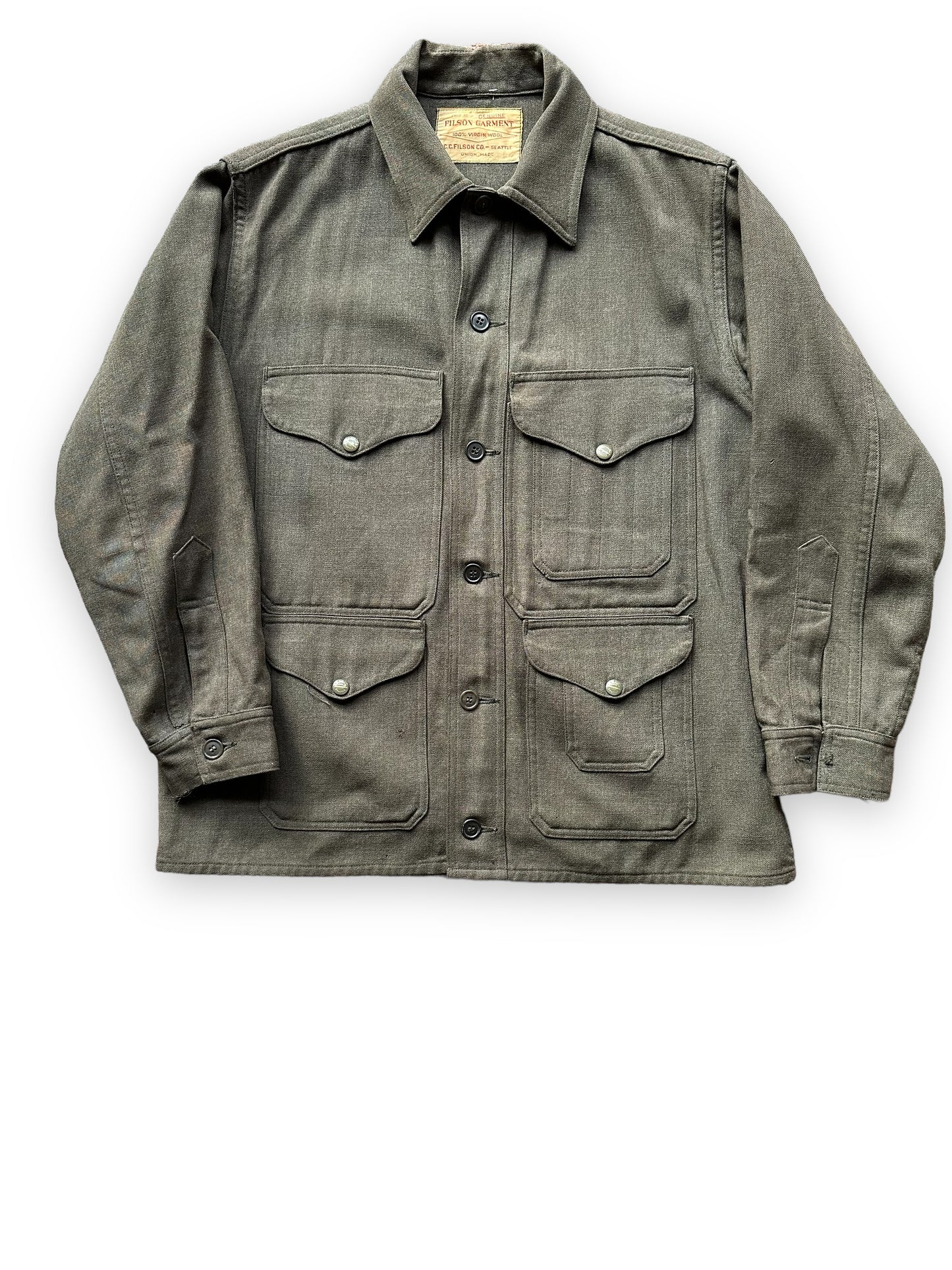 Front View of Vintage Union Made Era 50s Filson Forestry Cloth Cruiser SZ 44 | Barn Owl Vintage Goods | Vintage Workwear Seattle