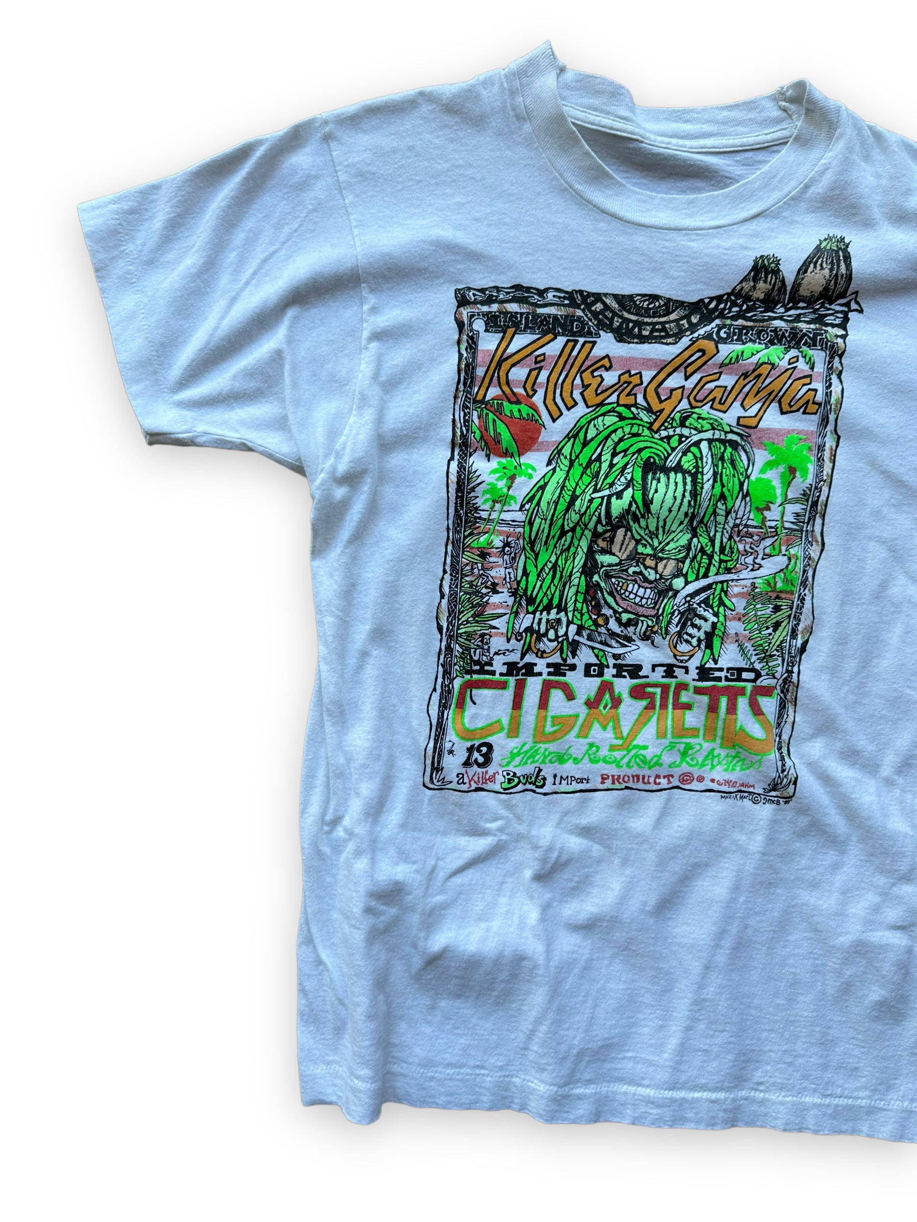Front Right View of Vintage 1980's Killer Ganja Imported Cigarettes Tee SZ L | Seattle Vintage Ganja Tees | Barn Owl Vintage