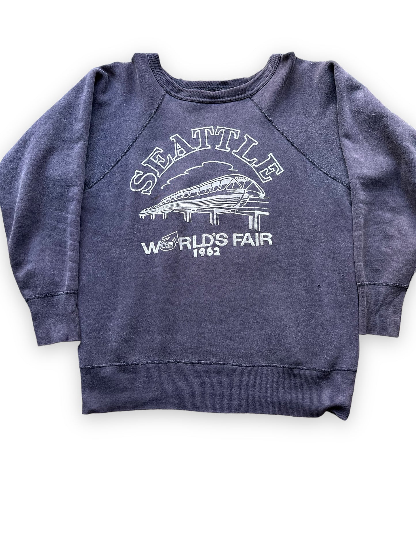 Front Detail on Vintage Original Flocked Seattle World's Fair 1962 Navy Blue Crewneck | Vintage Sweatshirts Seattle | Barn Owl Vintage