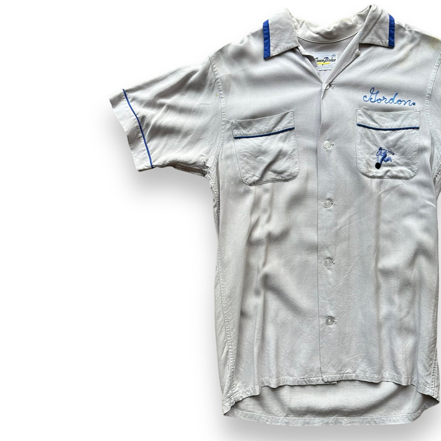 Front Right View of Vintage Crown Prince Light Blue Chainstitched Bowling Shirt SZ S | Vintage Bowling Shirt Seattle | Barn Owl Vintage Seattle