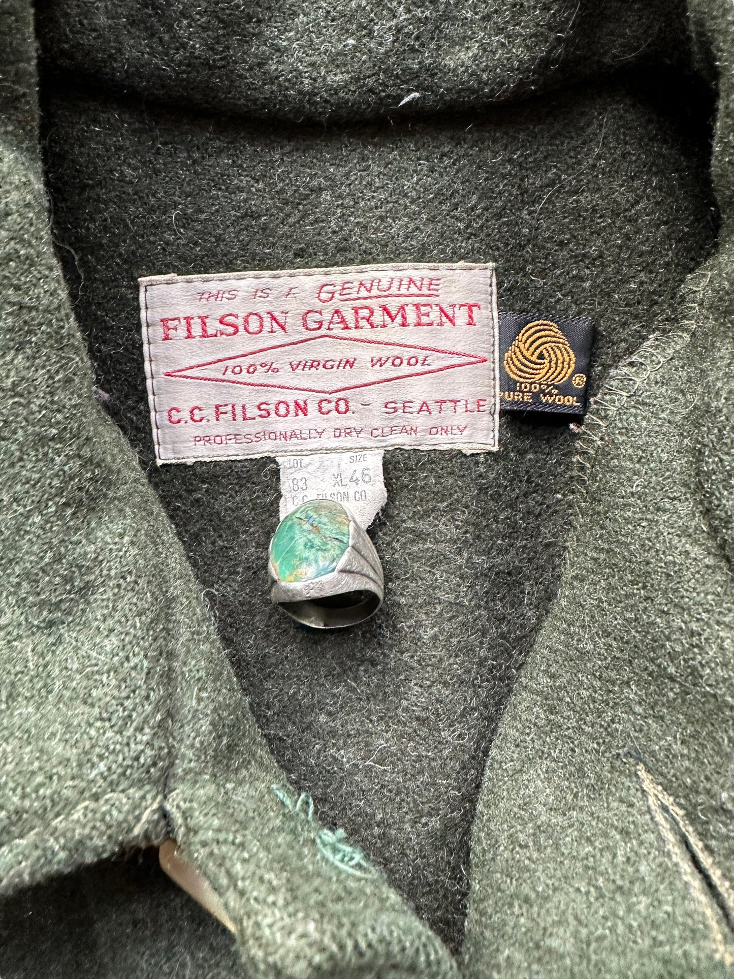 Tag View of Vintage Filson Forest Green Double Mackinaw Cruiser SZ 46 XL | Barn Owl Vintage Goods | Vintage Workwear Seattle