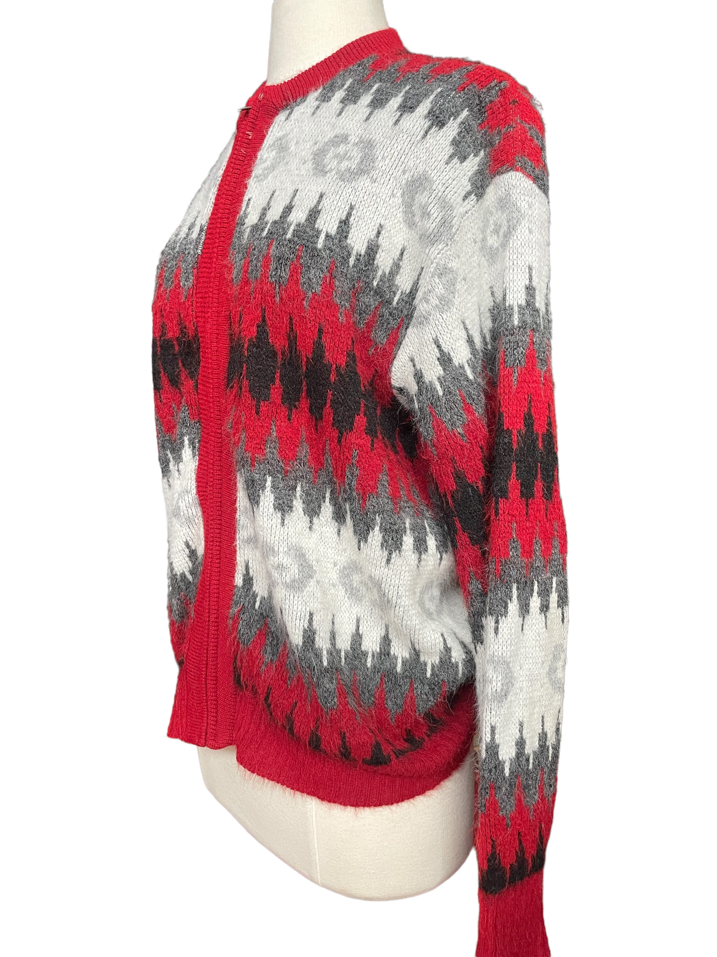 Front Left Side Quarter View of Vintage 1960s Campus Mohair Cardigan Sweater SZ L | Barn Owl Vintage | Vintage Mohair Sweaters Seattle