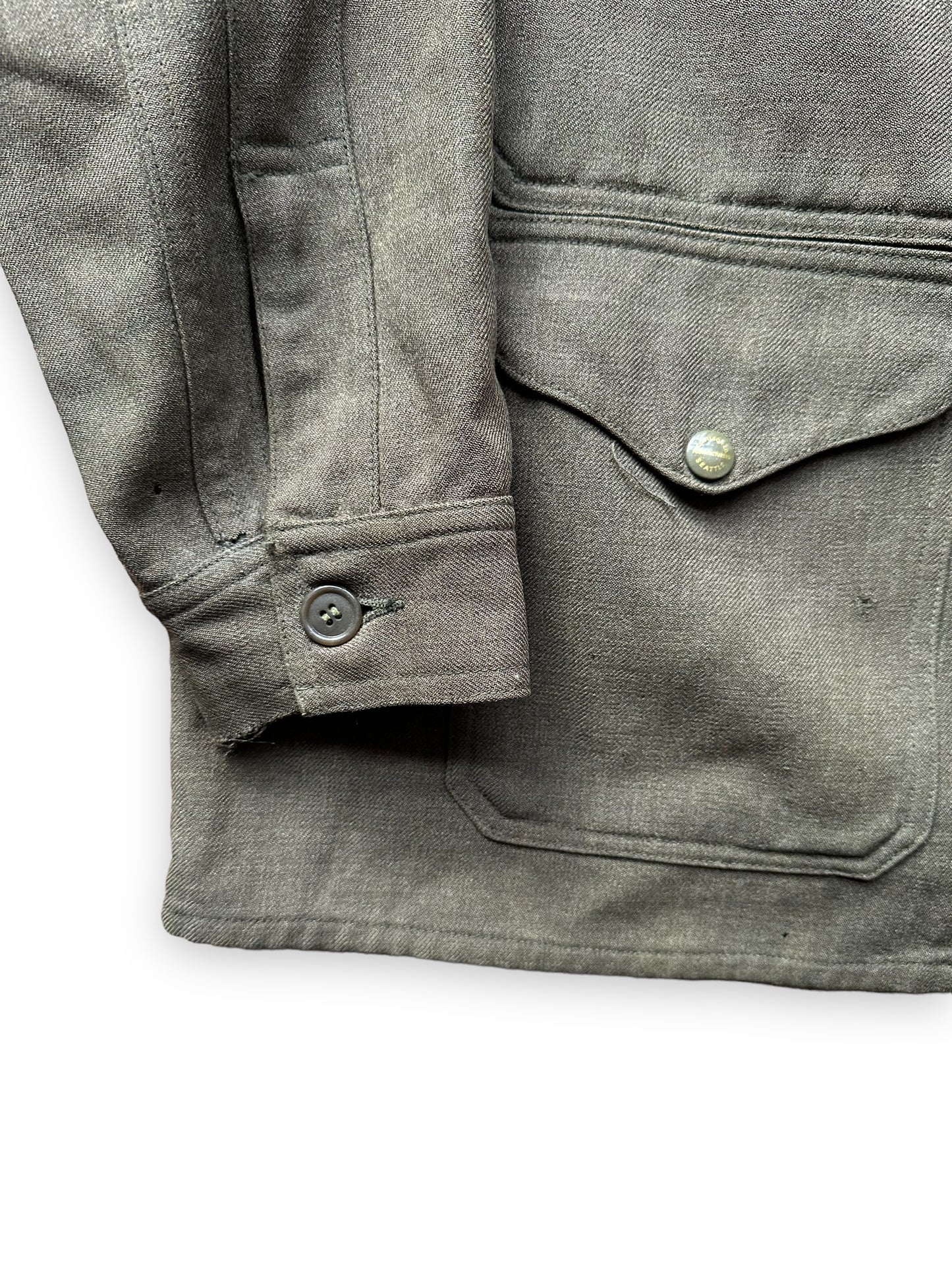 Fraying on Right Cuff on Vintage Union Made Era 50s Filson Forestry Cloth Cruiser SZ 44 | Barn Owl Vintage Goods | Vintage Workwear Seattle