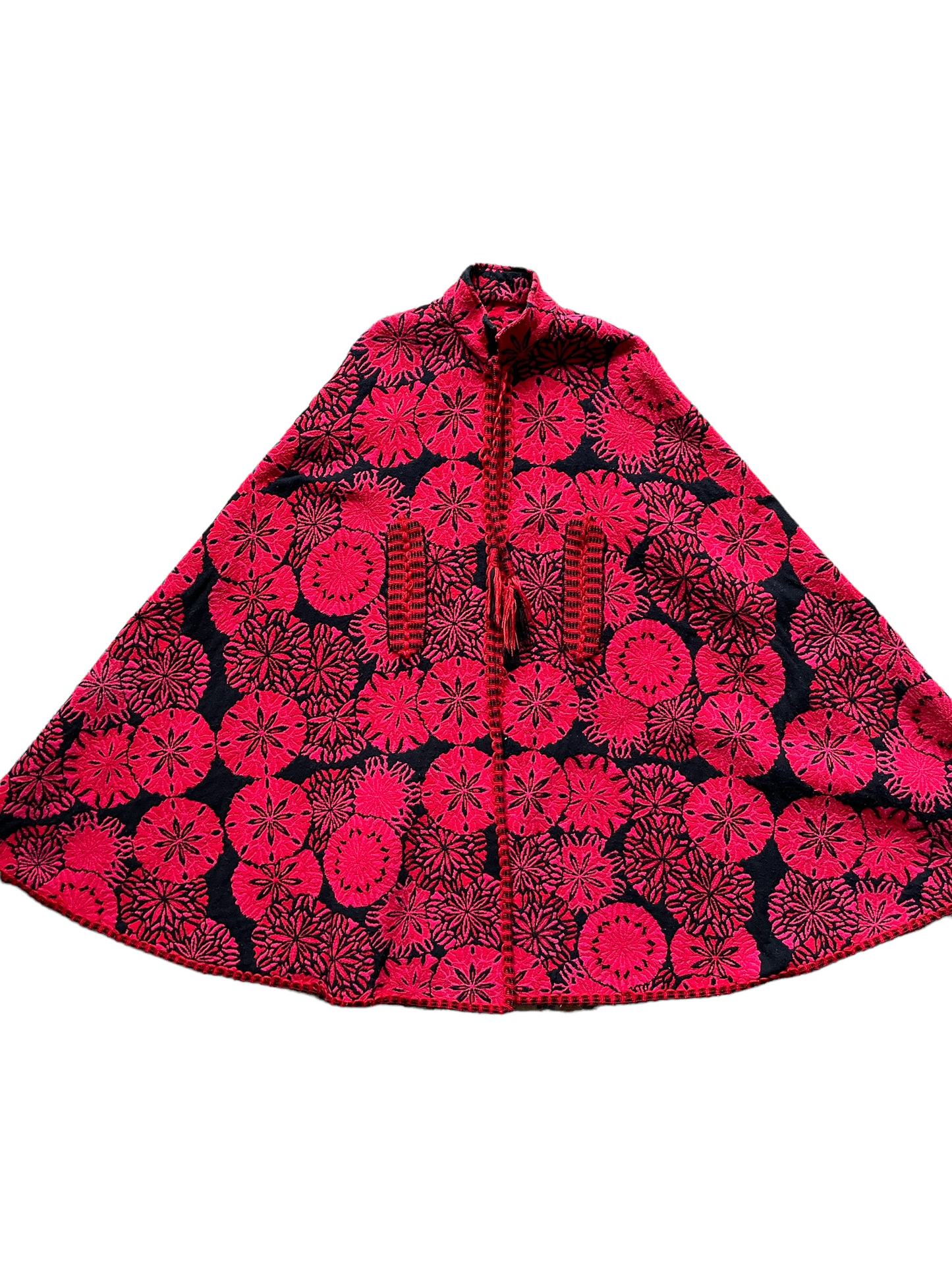 Front flat lay view ofVintage 1960s Arvi Made in Spain Floral Tapestry Cape Coat | Barn Owl Seattle | Seattle True Vintage