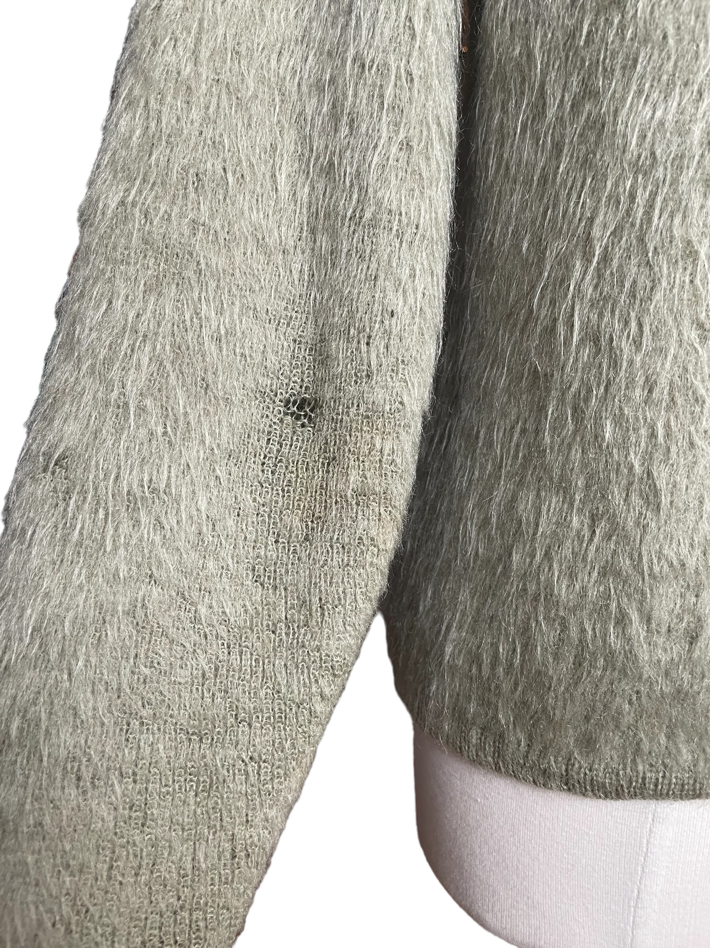 Wear on Left Sleeve of Vintage McGregor Powder Snow Mohair Cardigan SZ M | Barn Owl Vintage | Vintage Mohair Cardigan