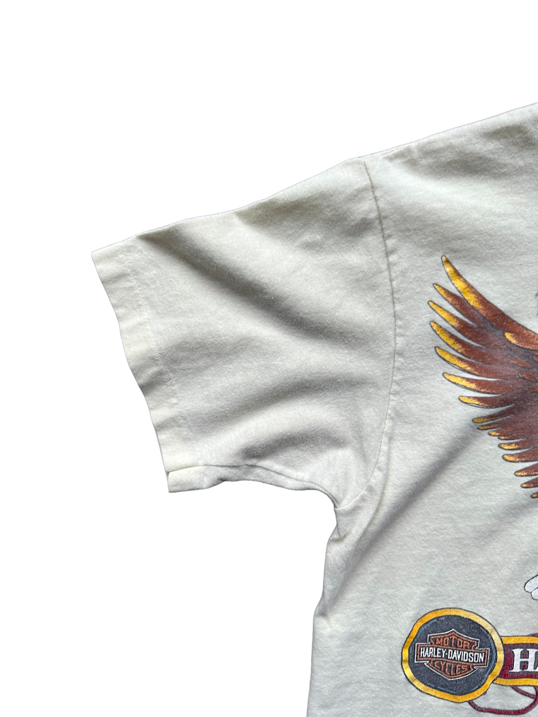Single Stitch Sleeve on Vintage Yellow Harley Davidson Wind Beneath My Wings Tee SZ M | Vintage Harley Tee | Barn Owl Vintage Seattle