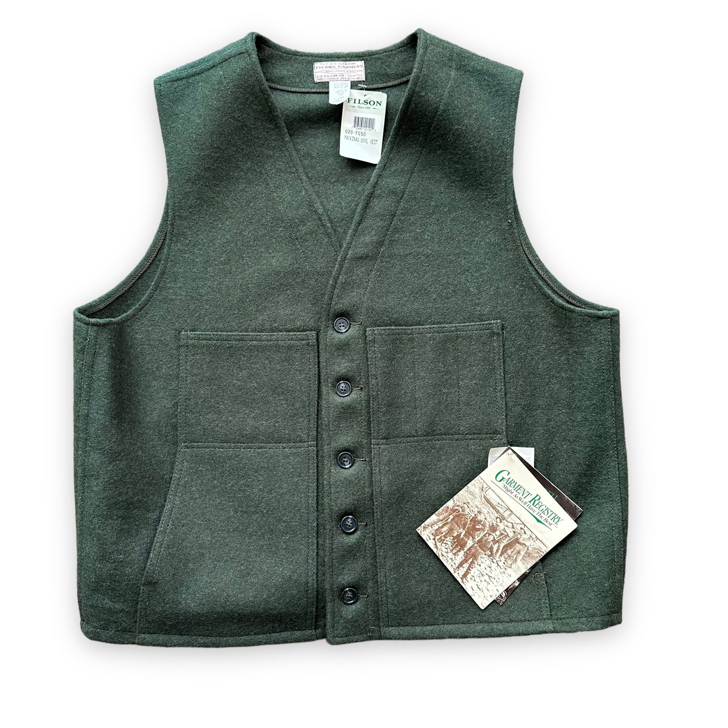Front View of Deadstock Vintage Forest Green Mackinaw Vest SZ 50 | Barn Owl Vintage Goods | Vintage Workwear Seattle