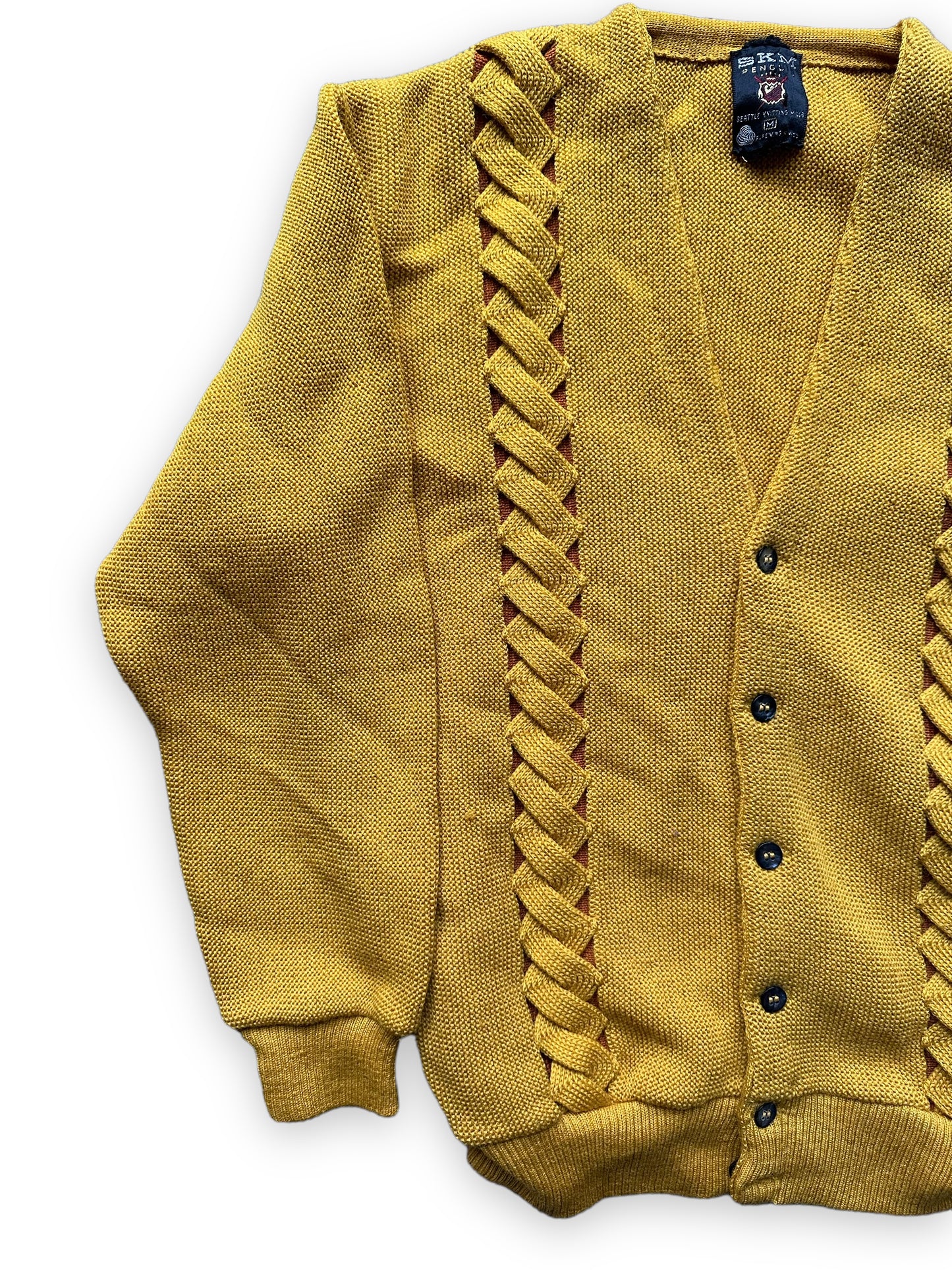 Front Right Flat View of Vintage Seattle Knitting Mills Golden Double Helix Wool Sweater SZ M | Vintage Cardigan Sweaters Seattle | Barn Owl Vintage Seattle