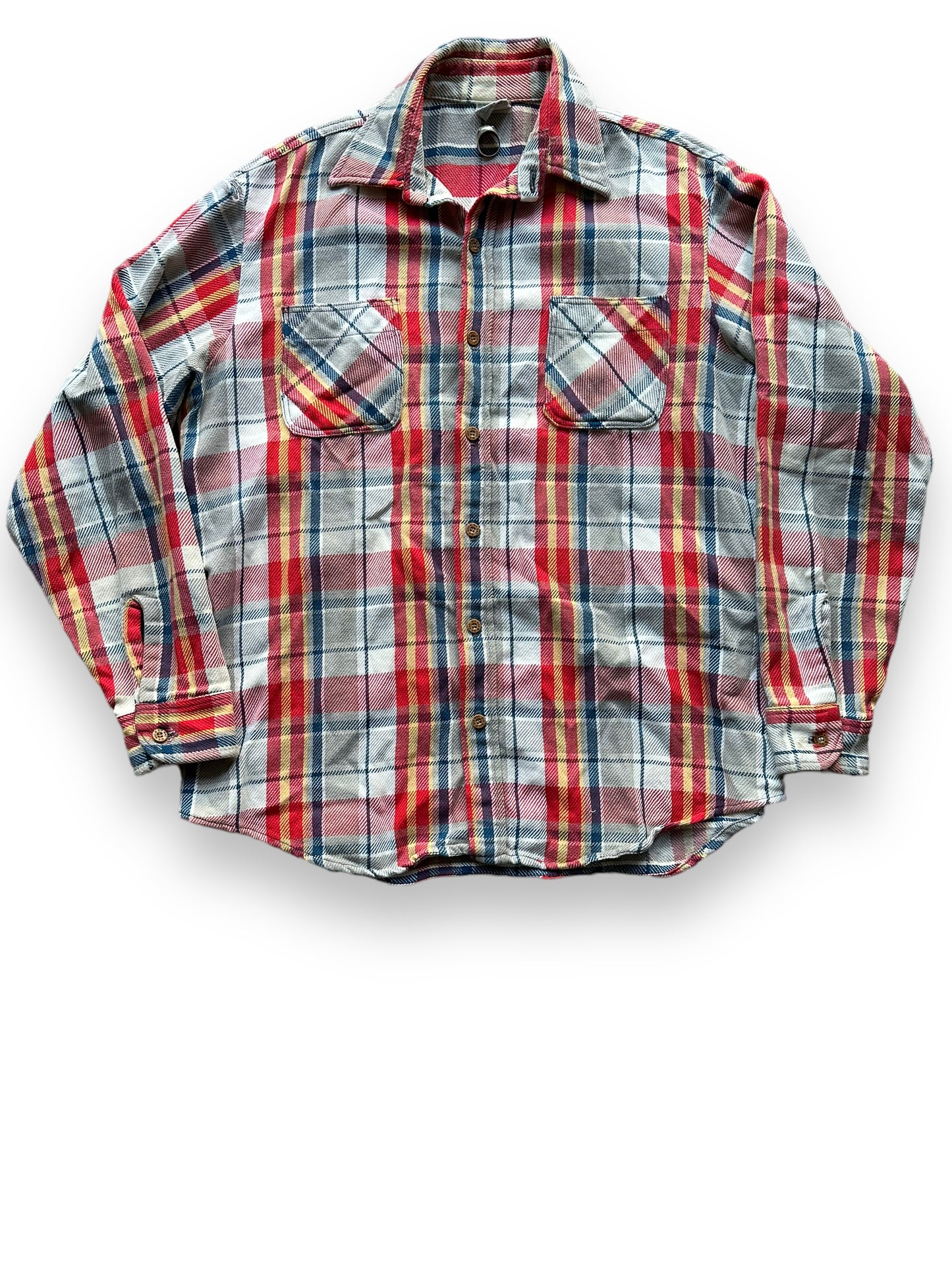 Front View of Vintage Grey, Red, Yellow & Blue Big Mac Cotton Flannel SZ L Tall | Vintage Cotton Flannel Seattle | Barn Owl Vintage Seattle
