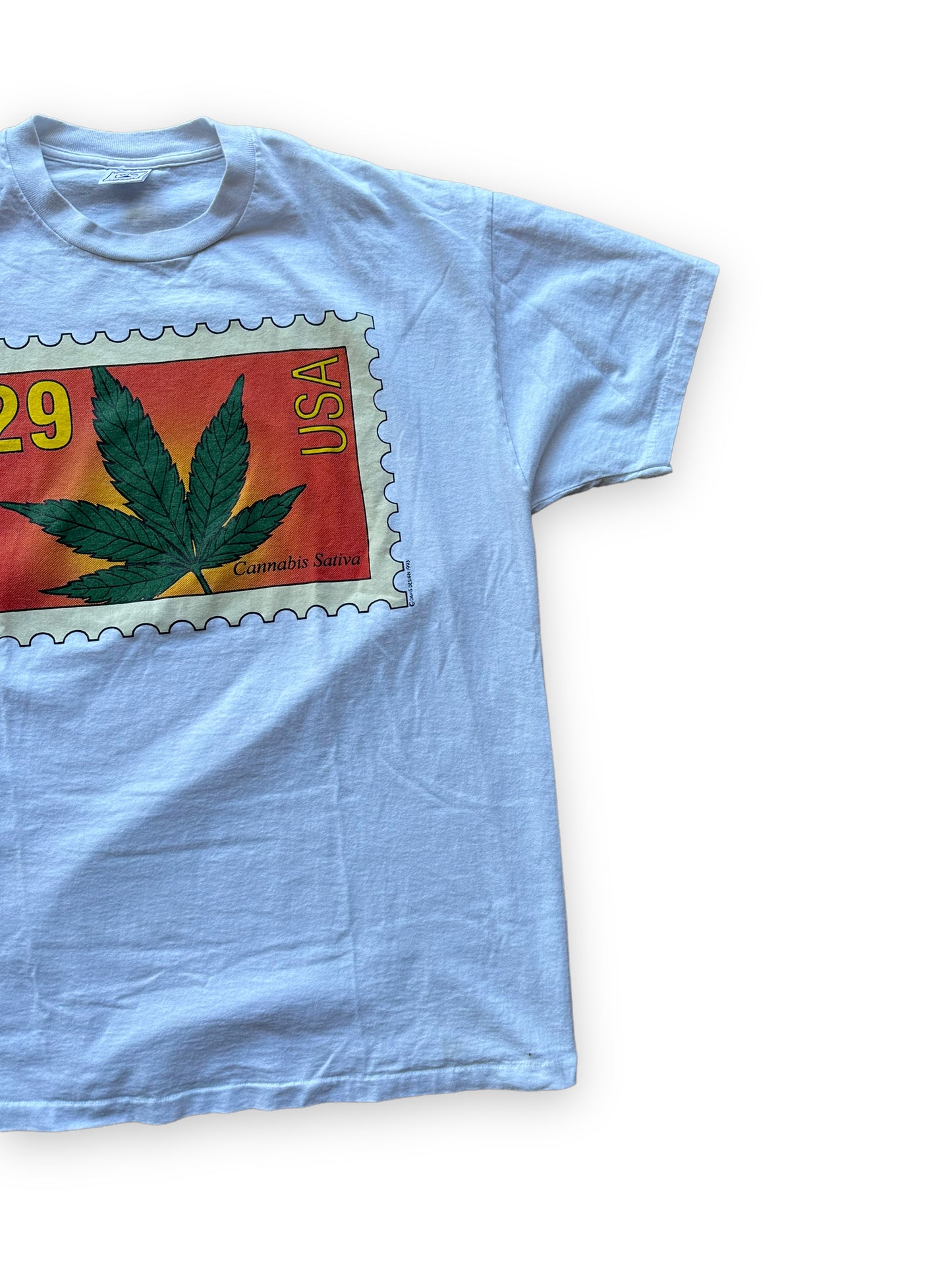 Front Left View of Vintage 1993 Sativa Cannabis Postal Stamp Tee SZ XL | Seattle Vintage Cannabis Tee | Barn Owl Vintage