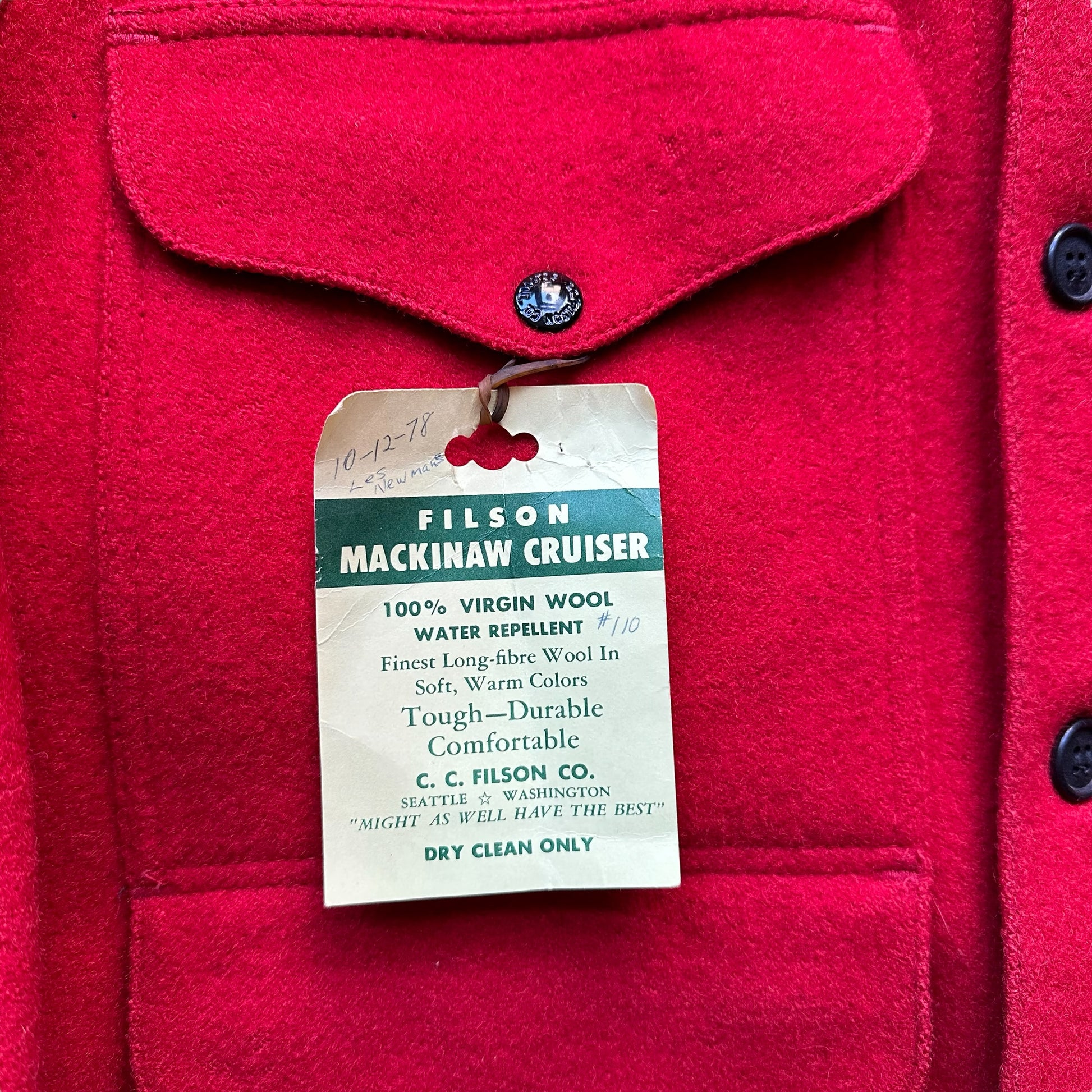 Flasher Tag View on NOS Filson Scarlet Mackinaw Cruiser SZ 40 |  Deadstock Filson Scarlet Cruiser | Vintage Workwear Seattle