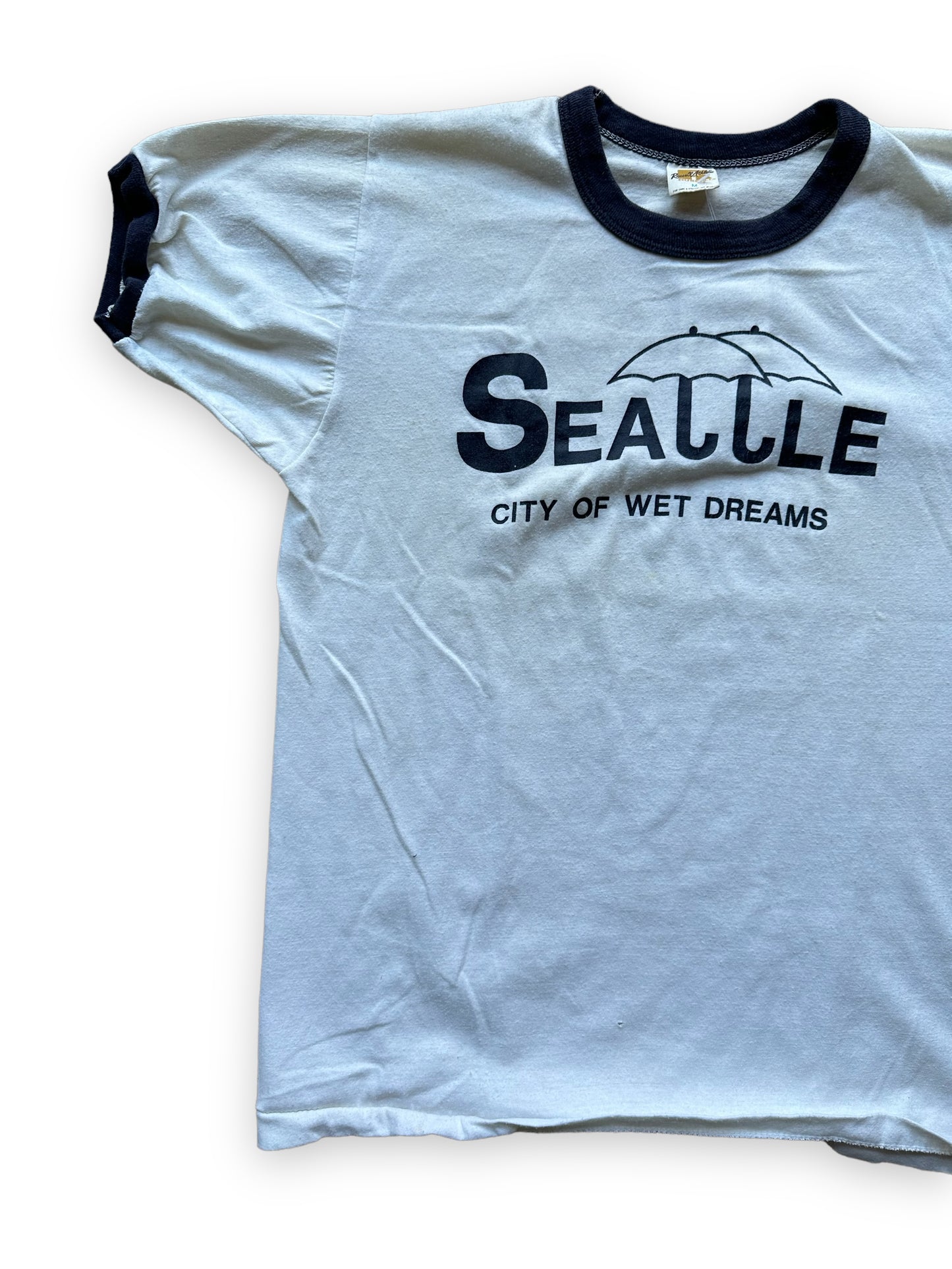 Right Front View of Vintage Seattle City of Wet Dreams Ringer Tee SZ M | Vintage Russell Athletic T Shirt | Barn Owl Vintage Seattle