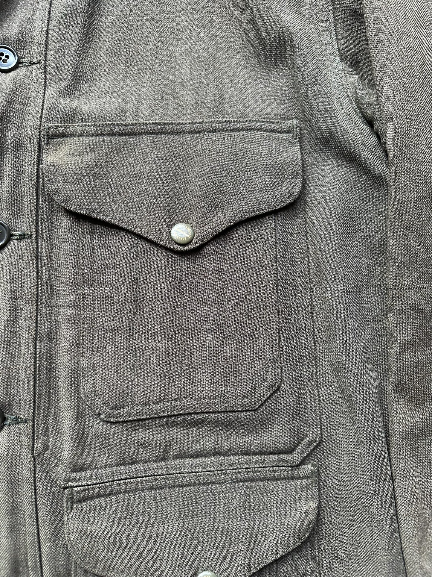 Left Upper Pocket on Vintage Union Made Era 50s Filson Forestry Cloth Cruiser SZ 44 | Barn Owl Vintage Goods | Vintage Workwear Seattle