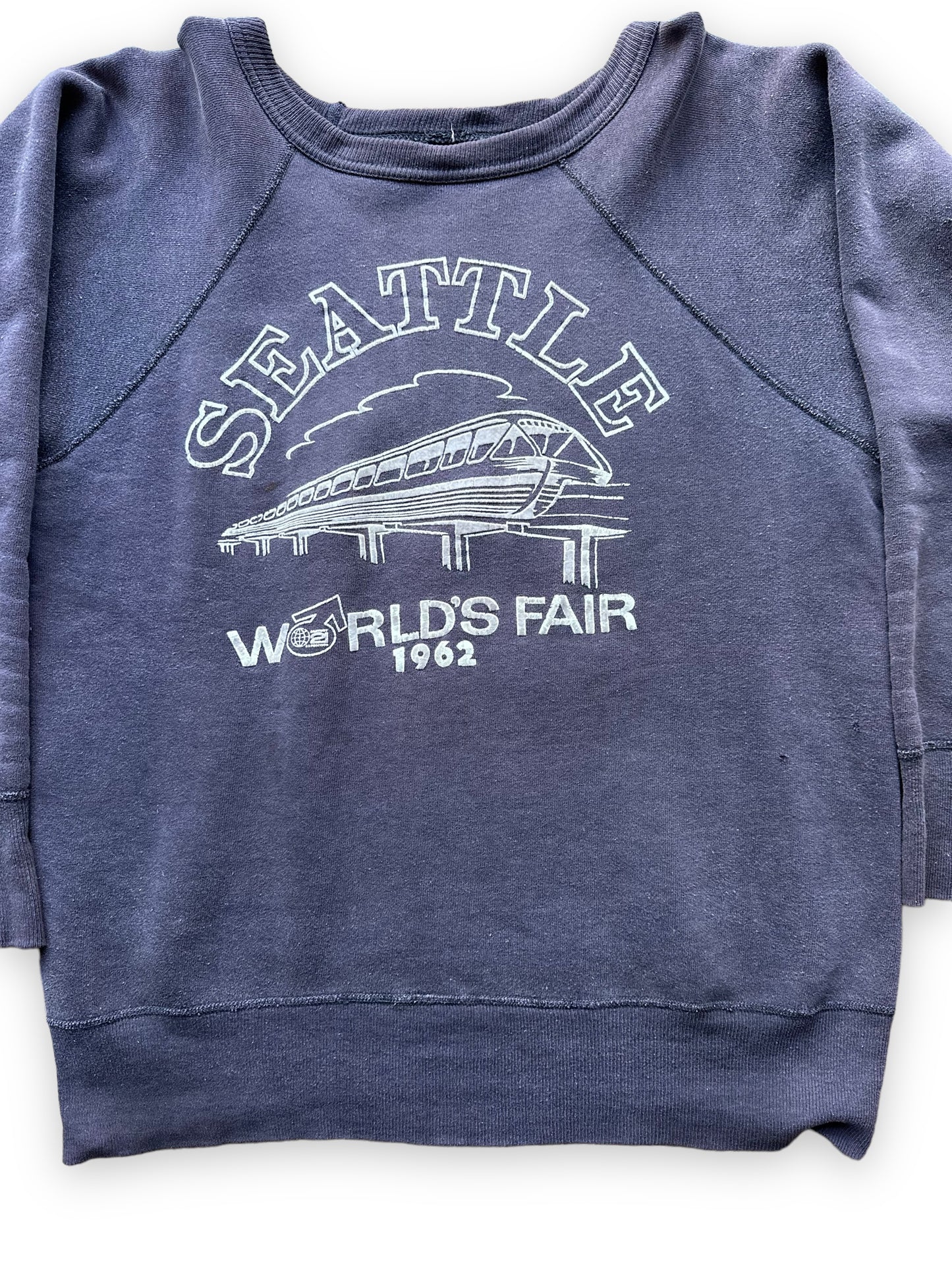 Front Detail Close Up on Vintage Original Flocked Seattle World's Fair 1962 Navy Blue Crewneck | Vintage Sweatshirts Seattle | Barn Owl Vintage