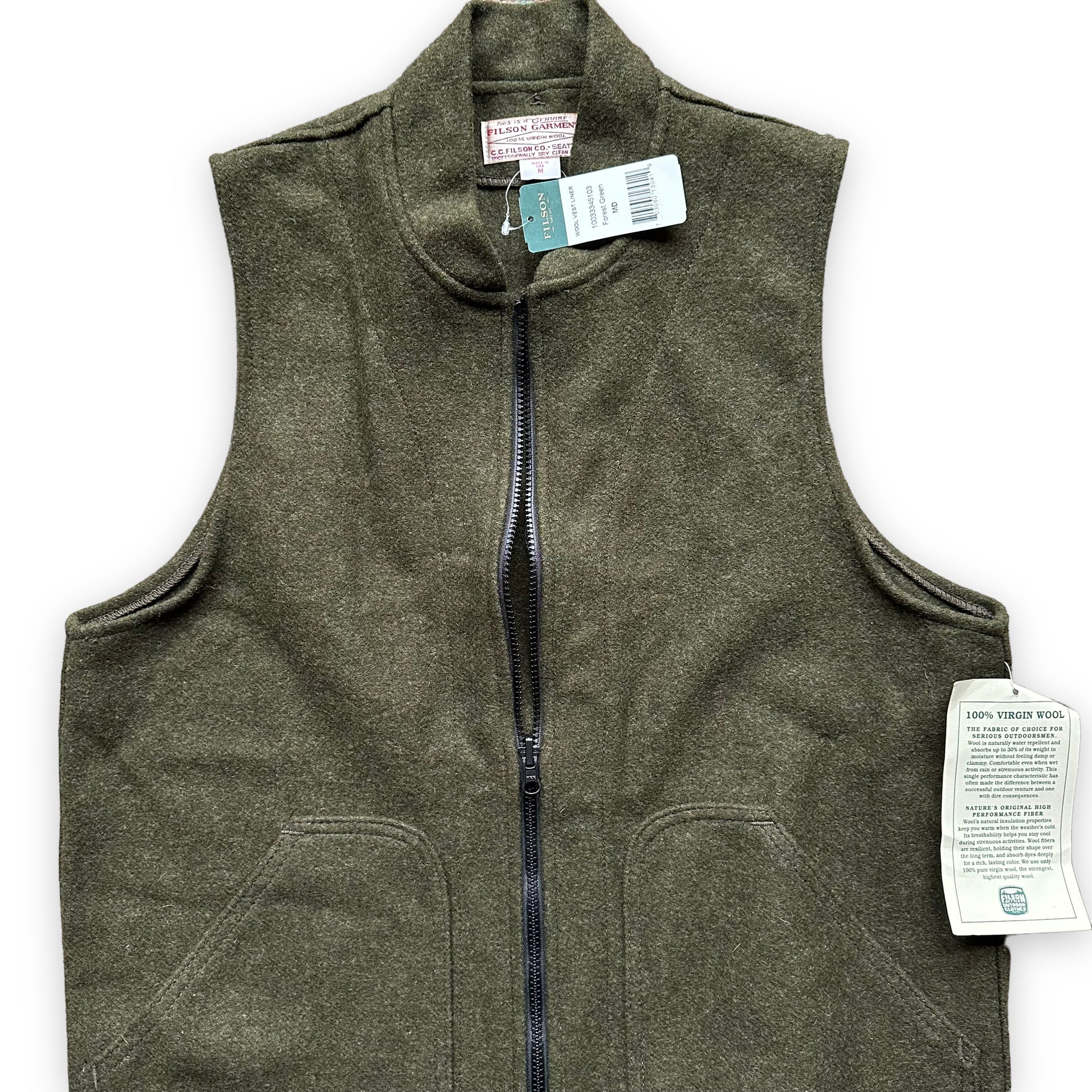 Upper Front View of New Old Stock Filson Forest Green Mackinaw Wool Liner SZ M |  Barn Owl Vintage Goods | Vintage Filson Workwear Seattle