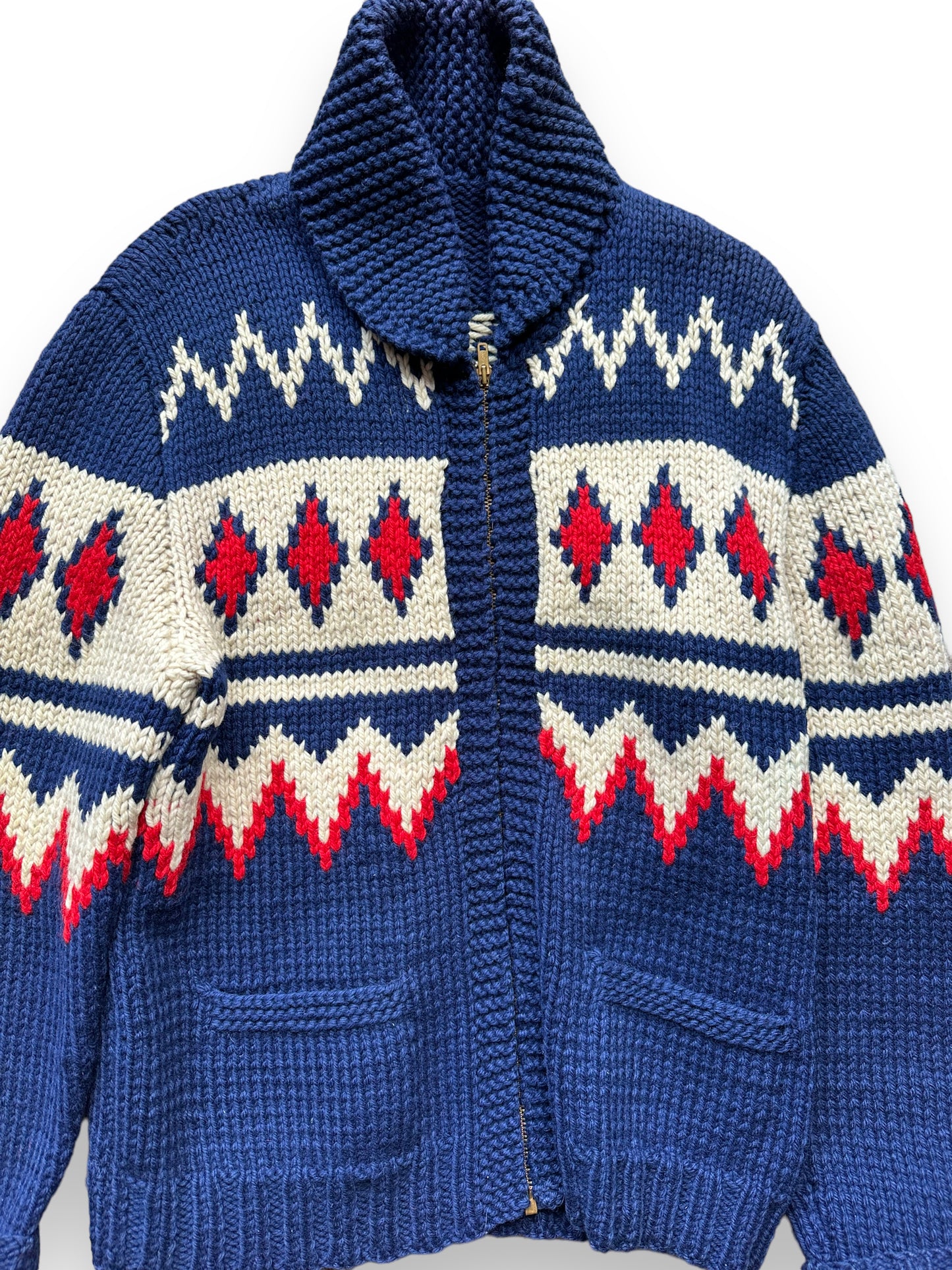 Front Detail of Vintage Cowichan Style Blue & Red Sweater SZ M | Barn Owl Vintage | Seattle Vintage Sweaters