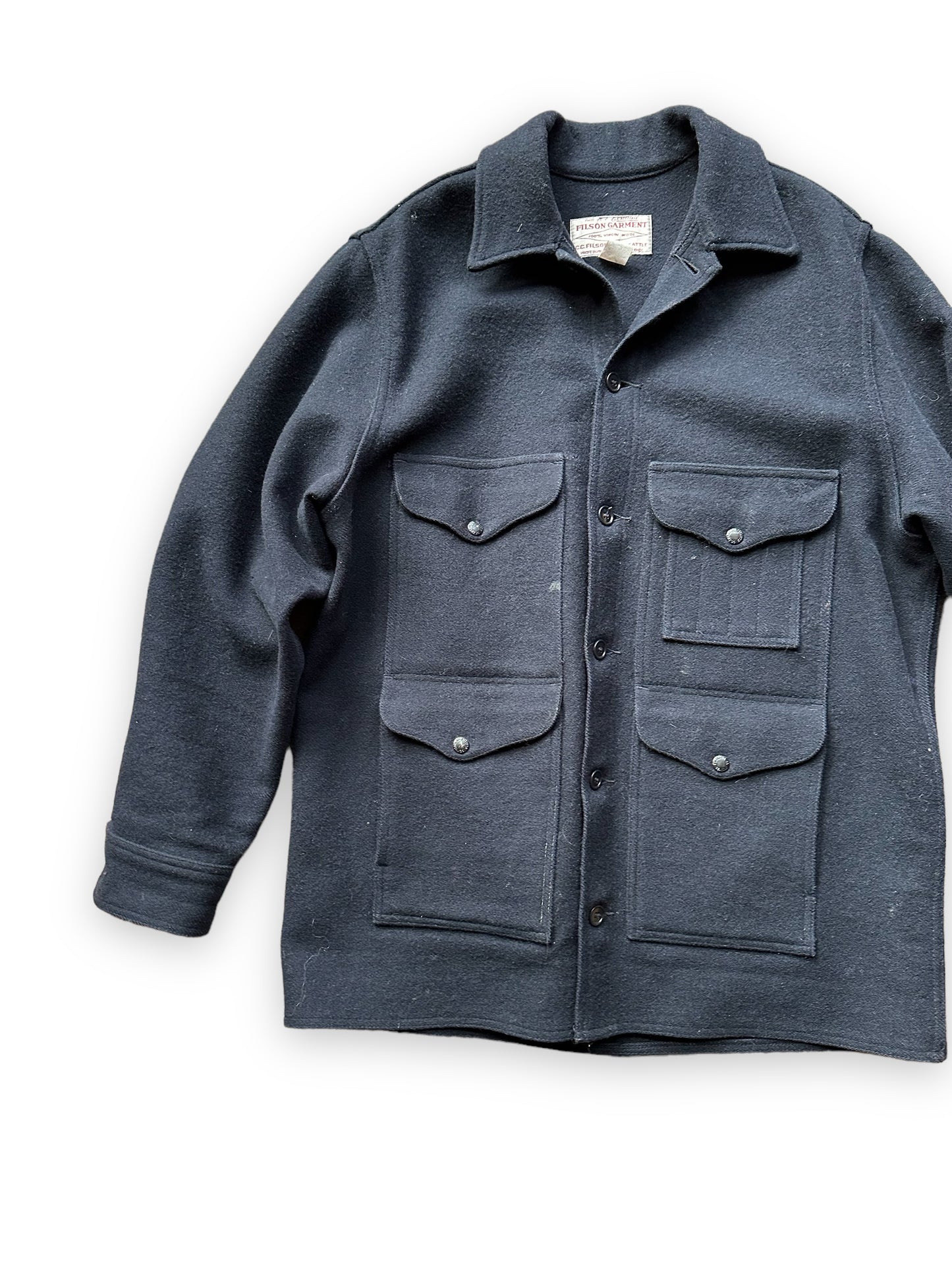 Front Right View of Black Filson Mackinaw Cruiser SZ 48 | Barn Owl Vintage Goods | Vintage Workwear Seattle