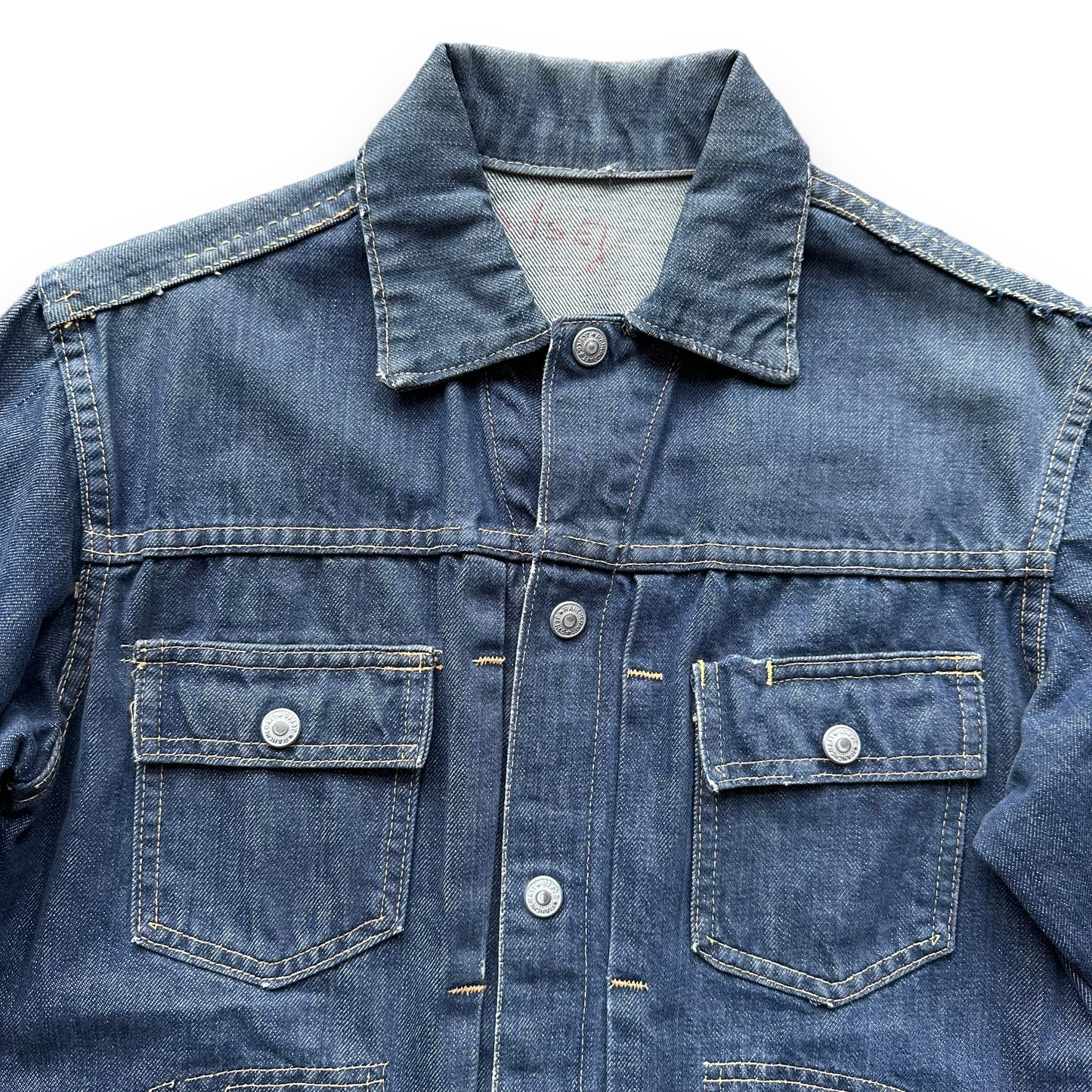 Upper Front View of Vintage Selvedge Denim JC Penney Ranch Craft Type II Style Jacket SZ M | Seattle Vintage Denim
