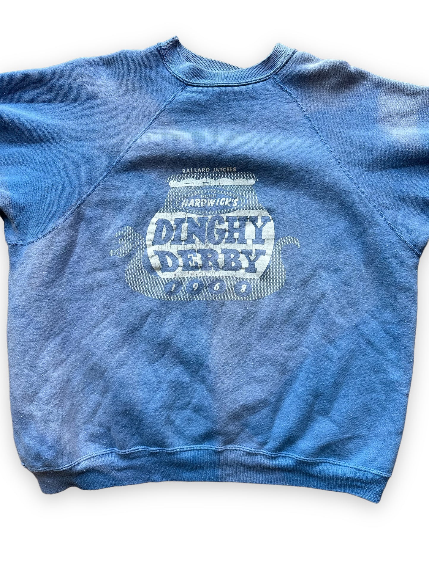 Front Detail View on Vintage Ballard Jaycees 1968 Dinghy Derby Short Sleeve Sweatshirt SZ XL | Vintage Crewneck Sweatshirt Seattle | Barn Owl Vintage Seattle