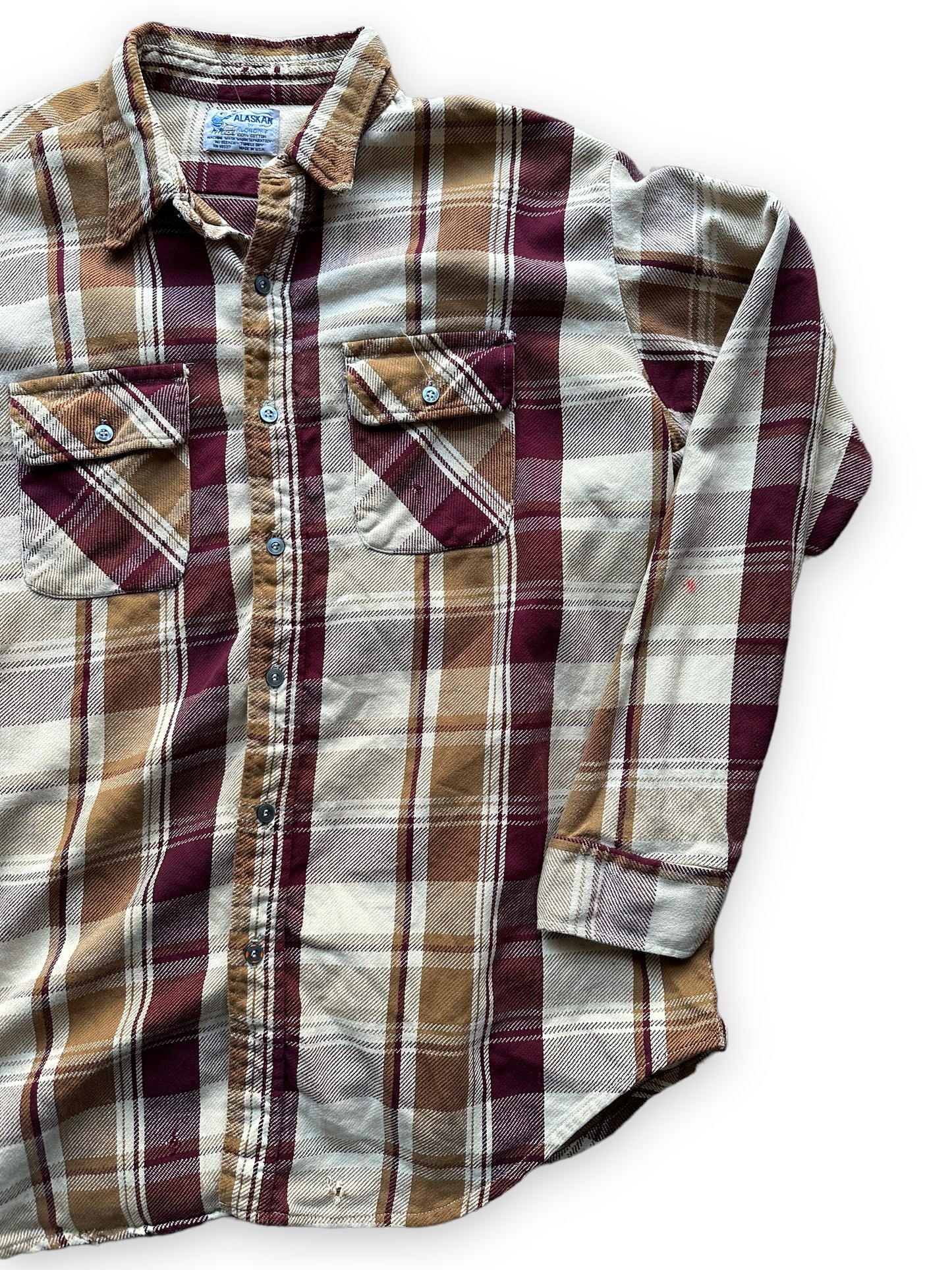 Front Left View of Vintage Maroon & Brown Alaskan Cotton Flannel SZ XXL Tall | Vintage Cotton Flannel Seattle | Barn Owl Vintage Seattle