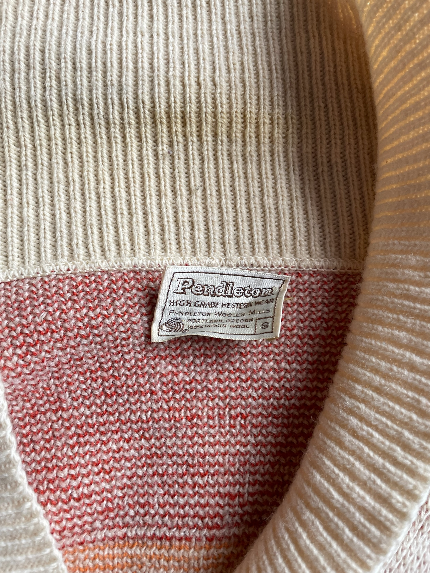 Vintage Pendleton Western Wear Cardigan | Barn Owl Vintage | Seattle Vintage Sweaters Close up of maker tag and staining at neck.