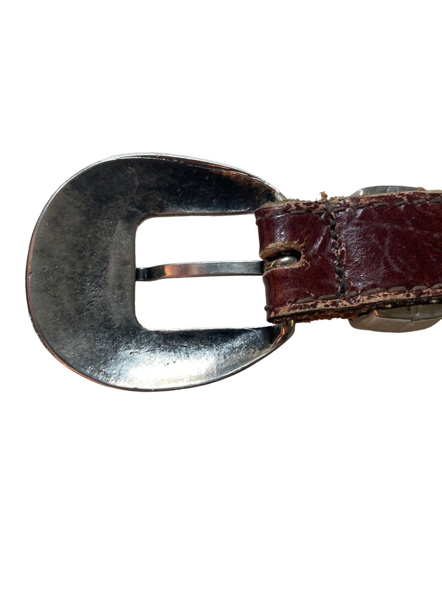 Vintage Leather Belt with Silver Buckle Backside of buckle.