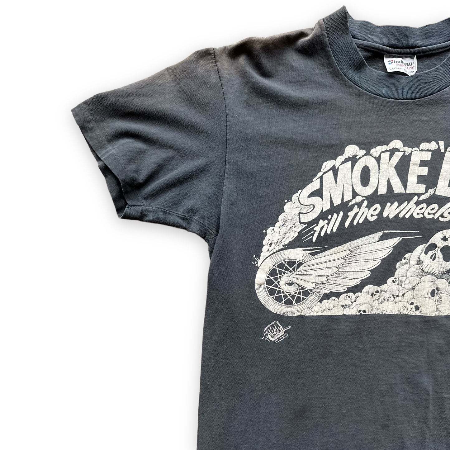 Front Right Sleeve View of Vintage 1981 Smoke Em Til The Wheels Fall Off Harley Davidson TShirt SZ L | Vintage Harley Tee | Barn Owl Vintage Seattle