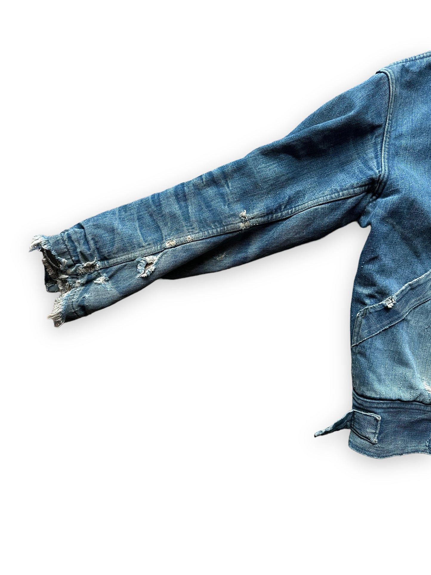 Whiskering on Front Right Sleeve of Vintage Blanket Lined Fitz Denim Jacket | Seattle Vintage Workwear Clothing | Barn Owl Vintage
