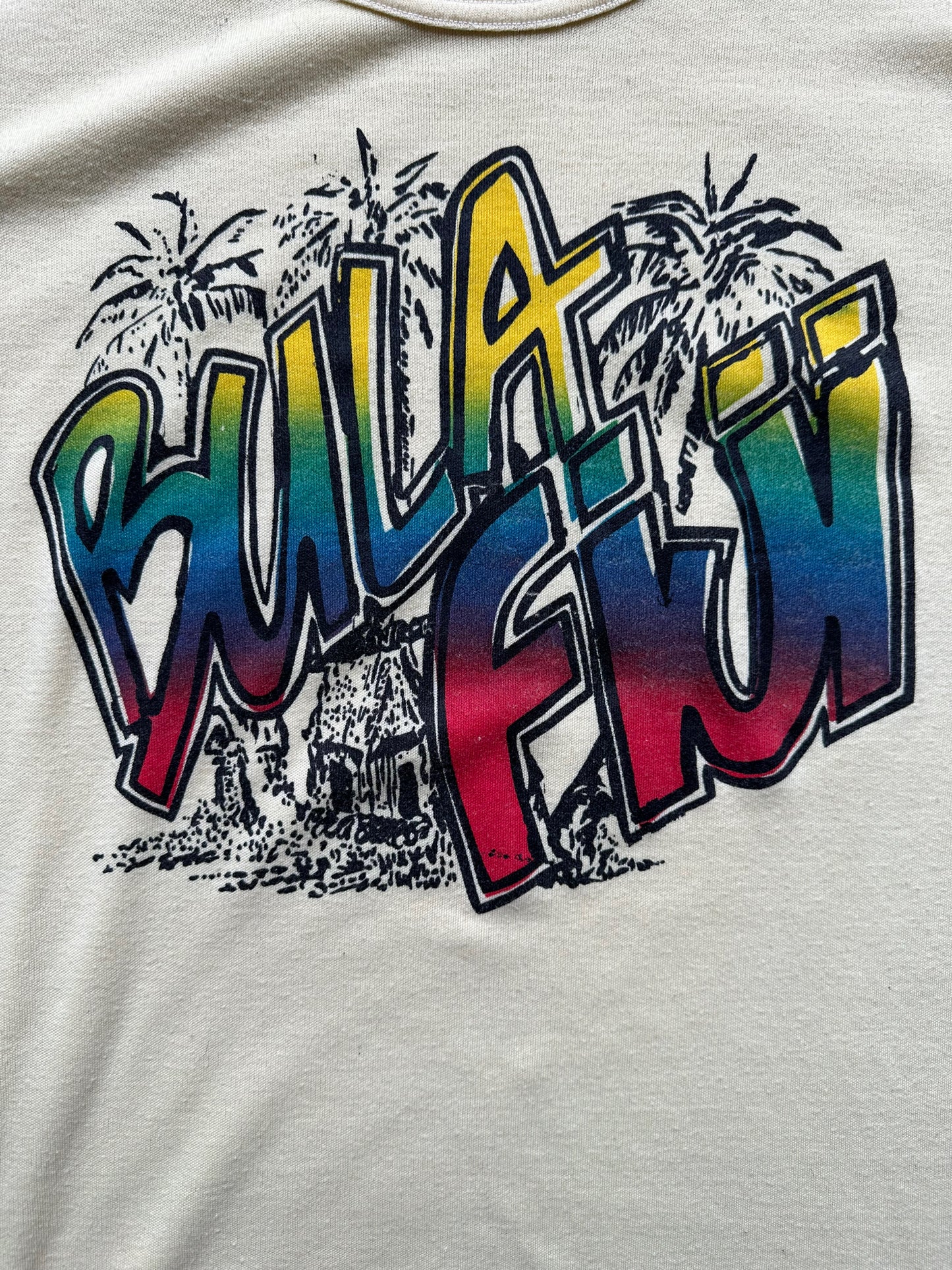 Close Up Front Graphic on Vintage Bula Fiji Yellow Graphic Tee SZ L | Vintage T-Shirts Seattle | Barn Owl Vintage Tees Seattle