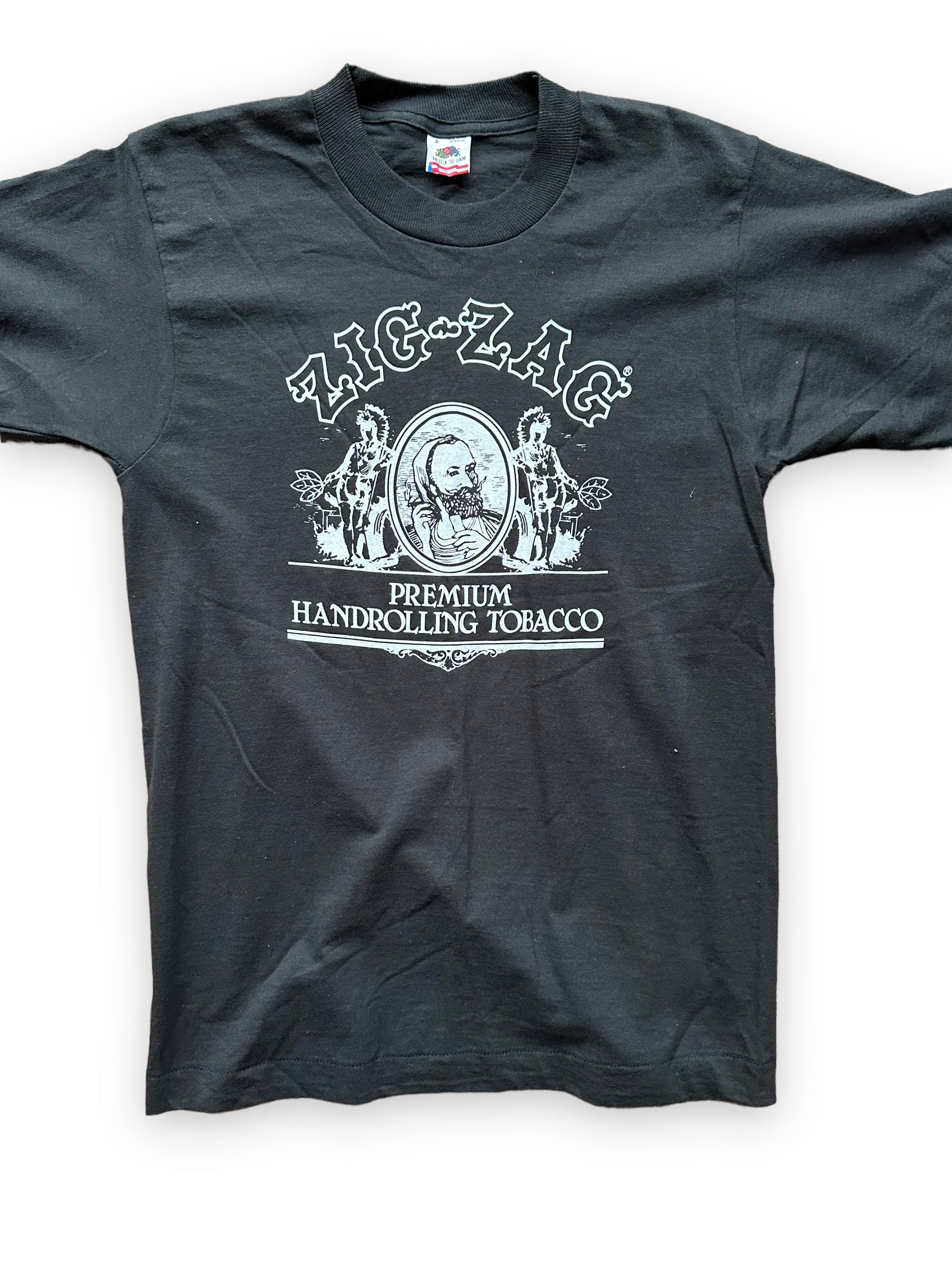 Front Detail on Vintage Black Zig-Zag Hand-Rolling Tobacco Tee SZ S | Seattle Vintage Weed Tees | Barn Owl Seattle