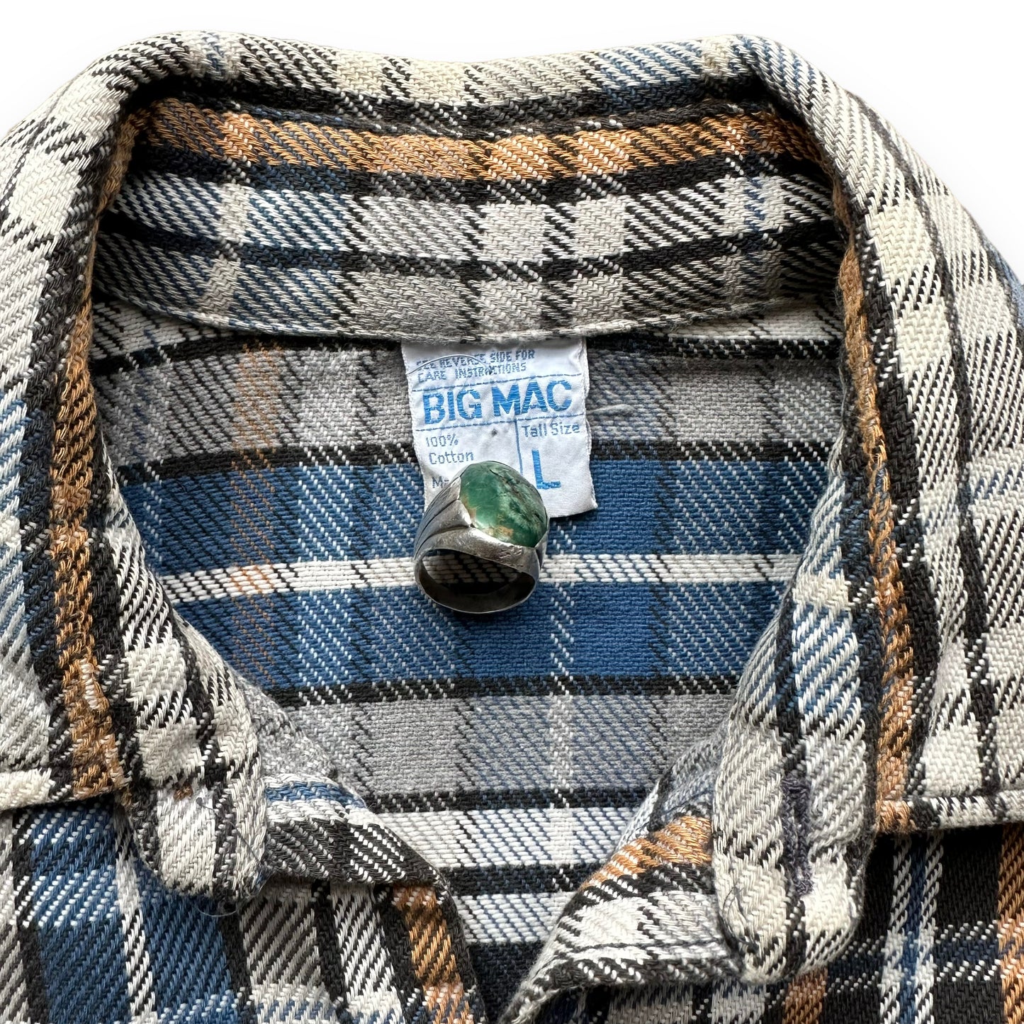 Tag View of Vintage Blue Grey & Brown Big Mac Cotton Flannel SZ L | Vintage Cotton Flannel Seattle | Barn Owl Vintage Seattle